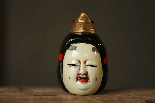 Japanese vintage small pottery bell NOH MASK KOOMOTE doll ornament Paper weight, Christmas Ornaments small bell H3.9×2.2in/H10×5.7cm