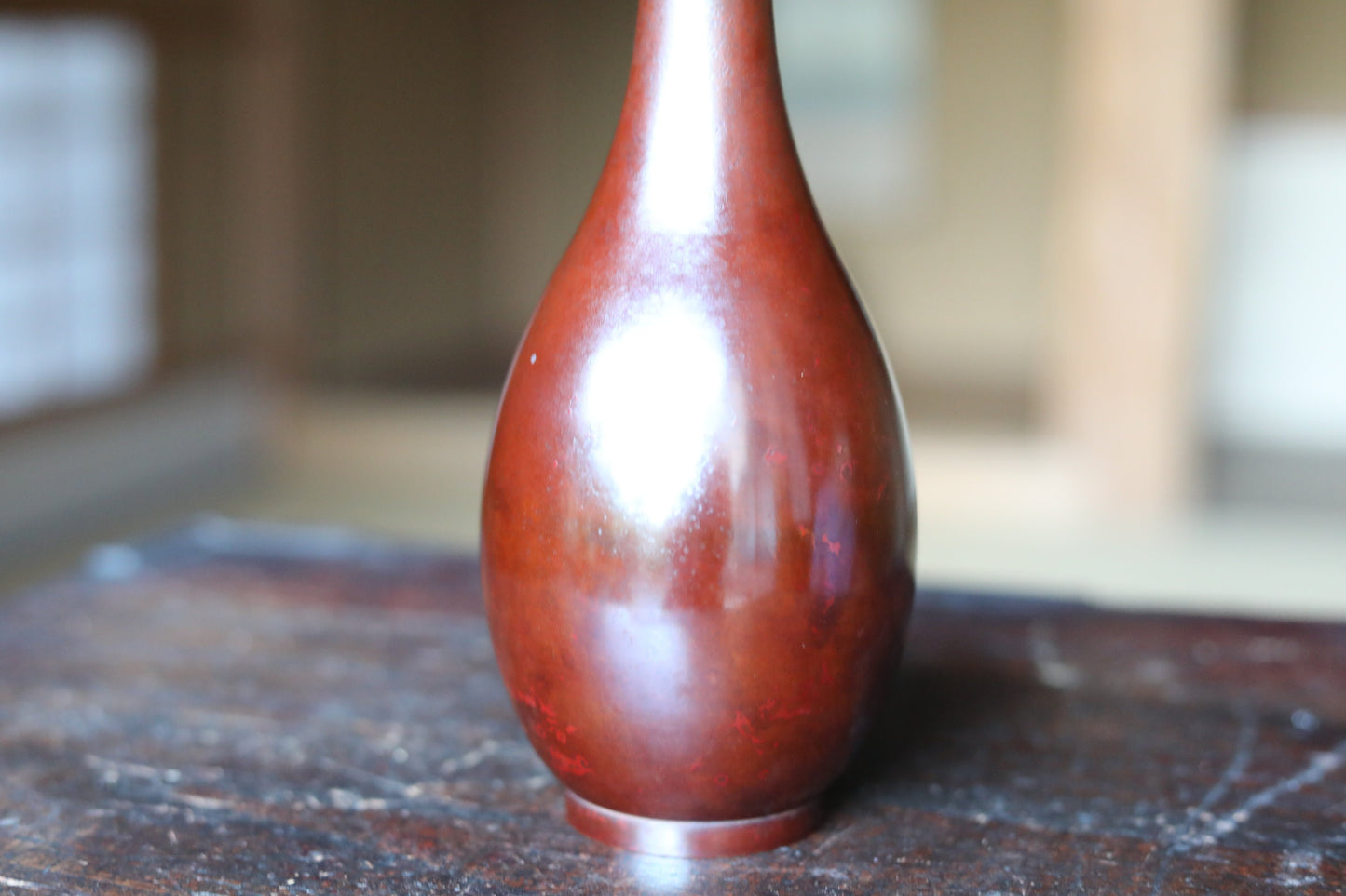 Japanese antique bronze vase brown, with Kanji signature for Tea ceremony, name 鶴首TSURUKUBI (shape of the neck of a crane) H11.8×3.5in