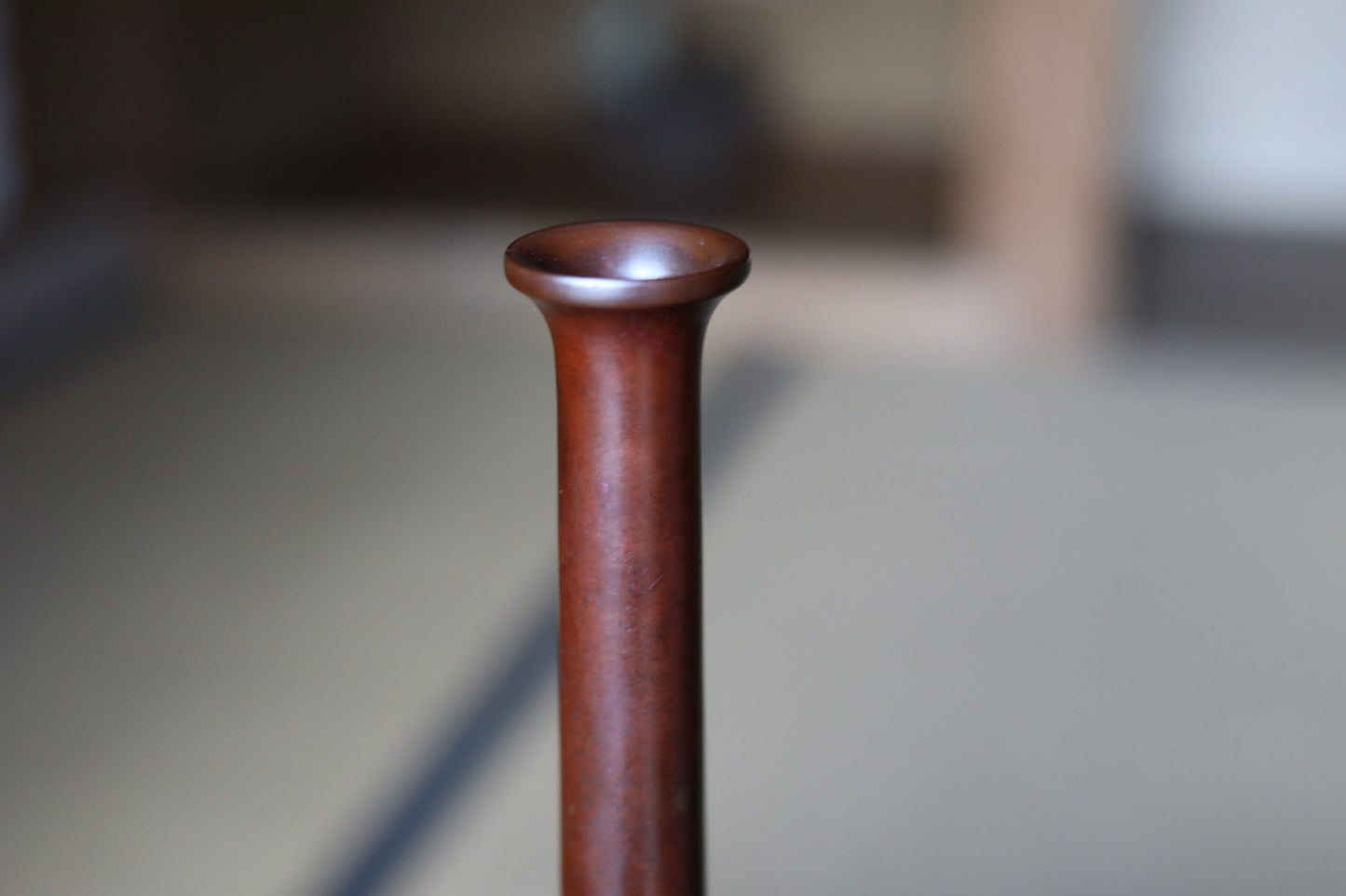 Japanese antique bronze vase brown, with Kanji signature for Tea ceremony, name 鶴首TSURUKUBI (shape of the neck of a crane) H11.8×3.5in