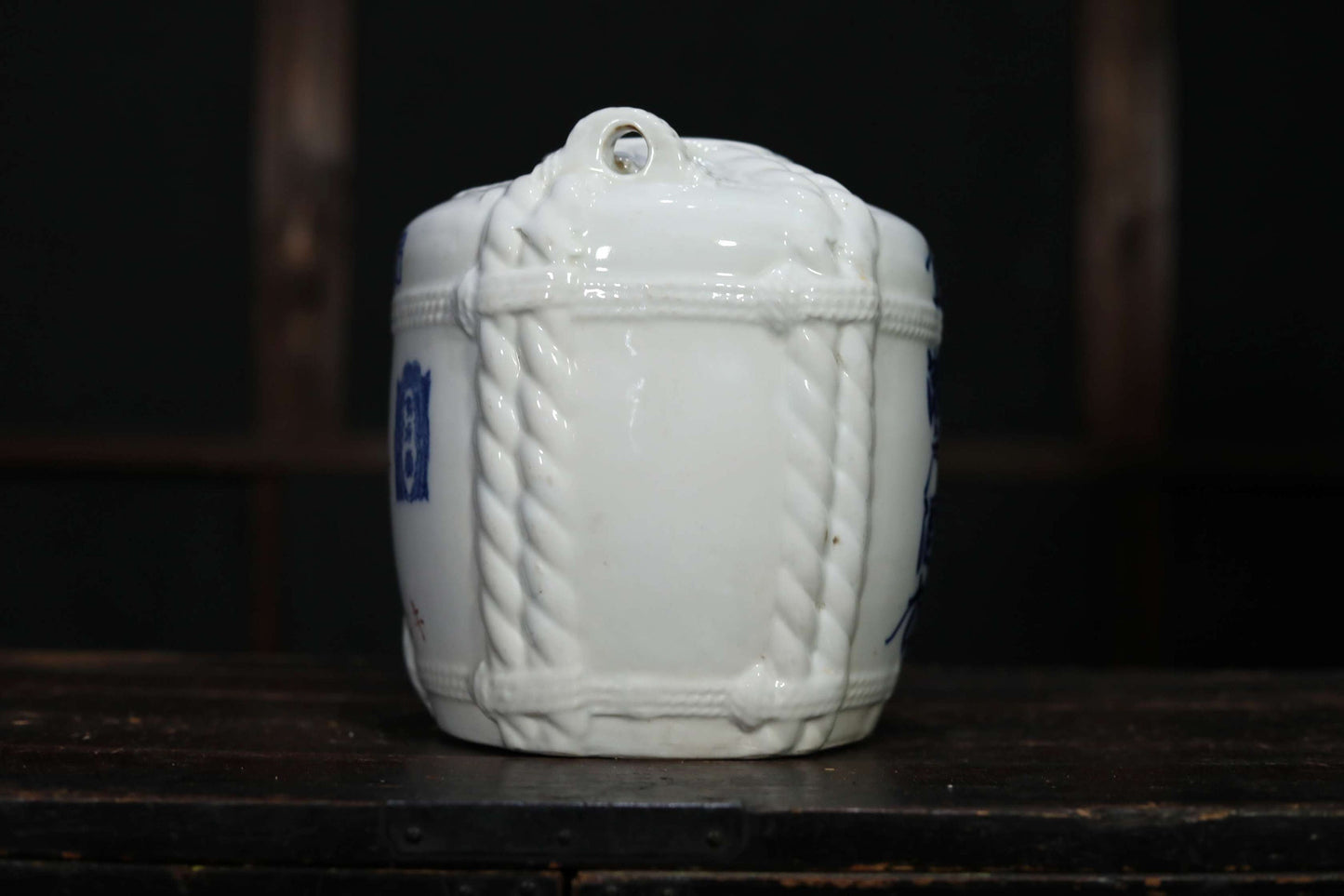 Japanese antique Sake barrel TARU porcelain sake distillery shop jar indigo blue with 正宗Kanji calligraphy sake brand 1910s H9.1in/23cm