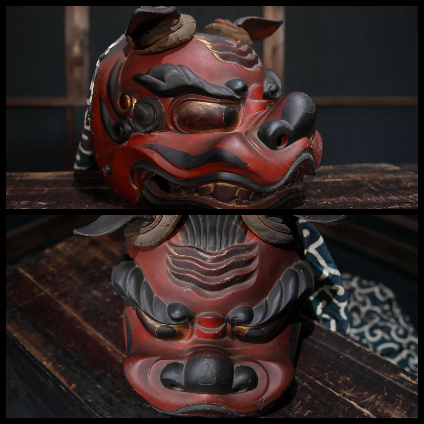 Japanese antique 1800s Shishi BIG wood mask with large cloth hand carving lacquer lion's head Festival sculptures H12.2×13.6in/H31×34.5cm