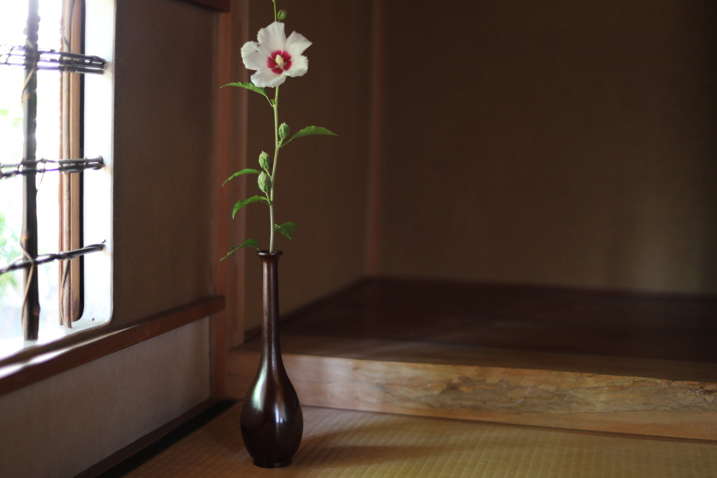 Japanese antique bronze vase brown, with Kanji signature for Tea ceremony, name 鶴首TSURUKUBI (shape of the neck of a crane) H11.8×3.5in