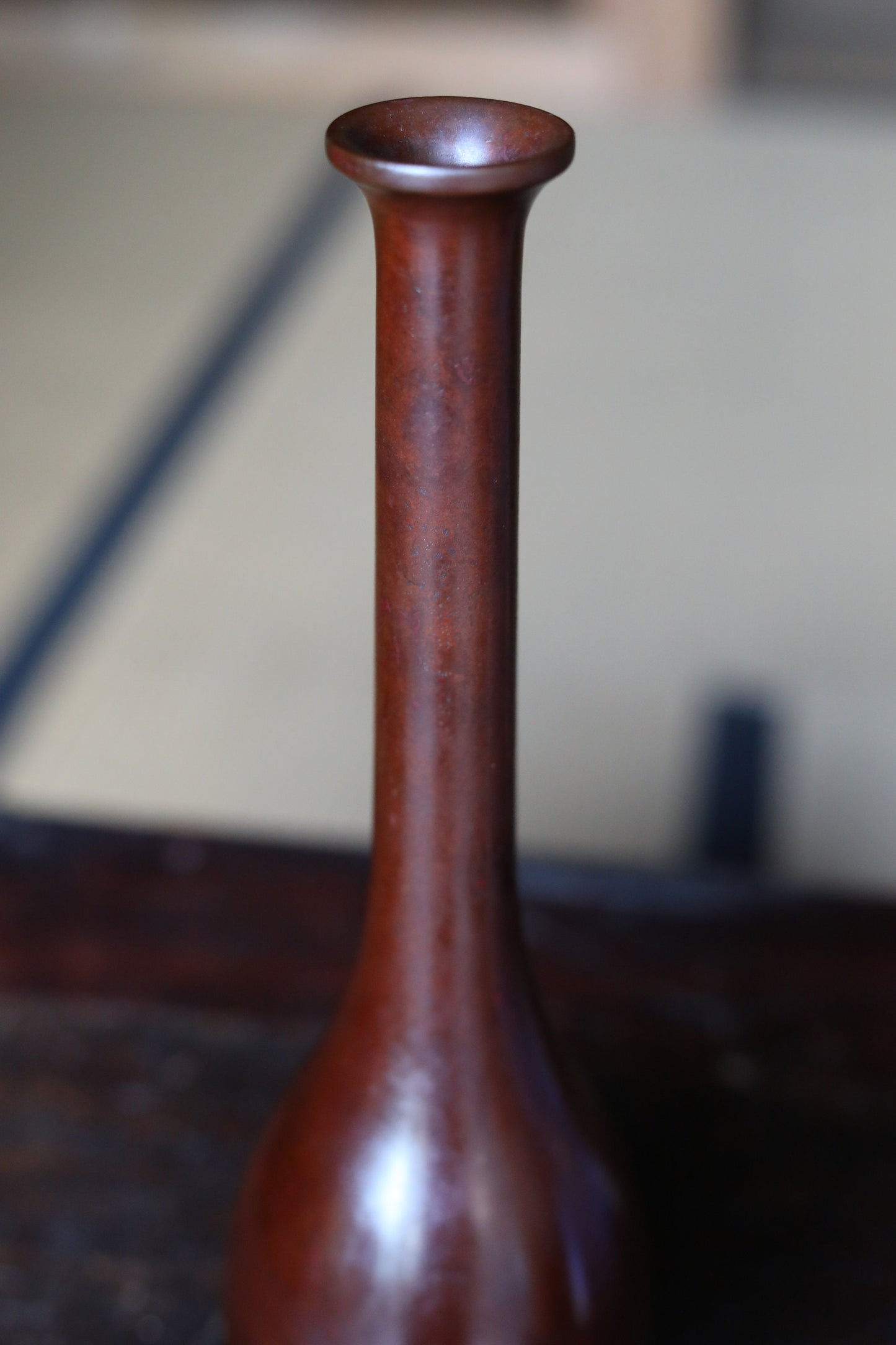 Japanese antique bronze vase brown, with Kanji signature for Tea ceremony, name 鶴首TSURUKUBI (shape of the neck of a crane) H11.8×3.5in