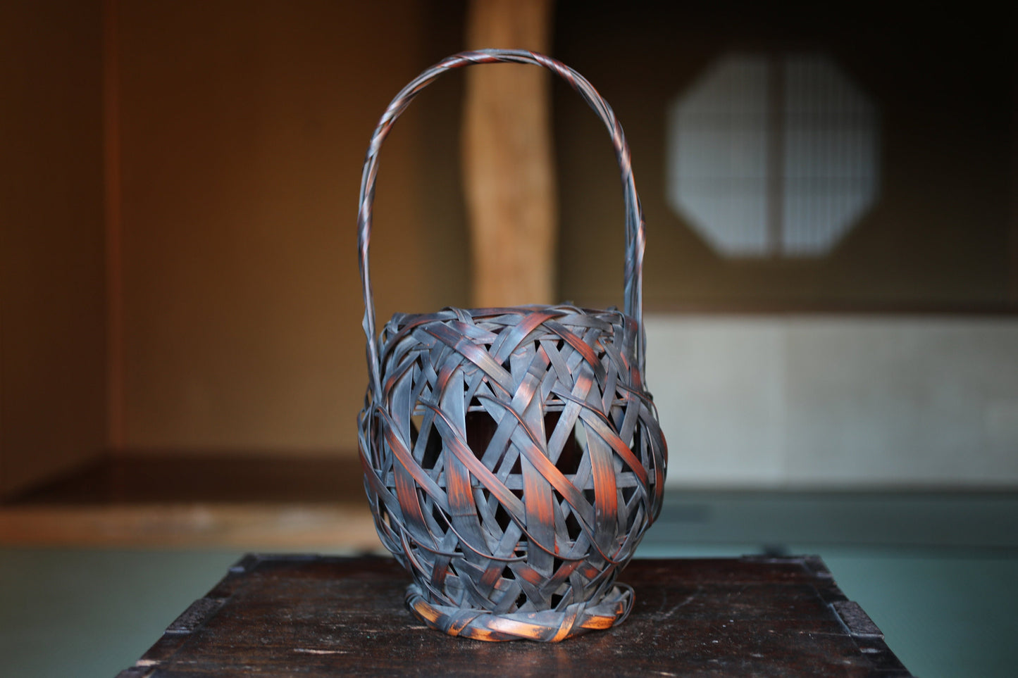 Japanese antique bamboo woven basket in smoke stained color with Inner vase For IKEBANA Tea ceremony, Hana-kago 1920s H16.5×7.1in