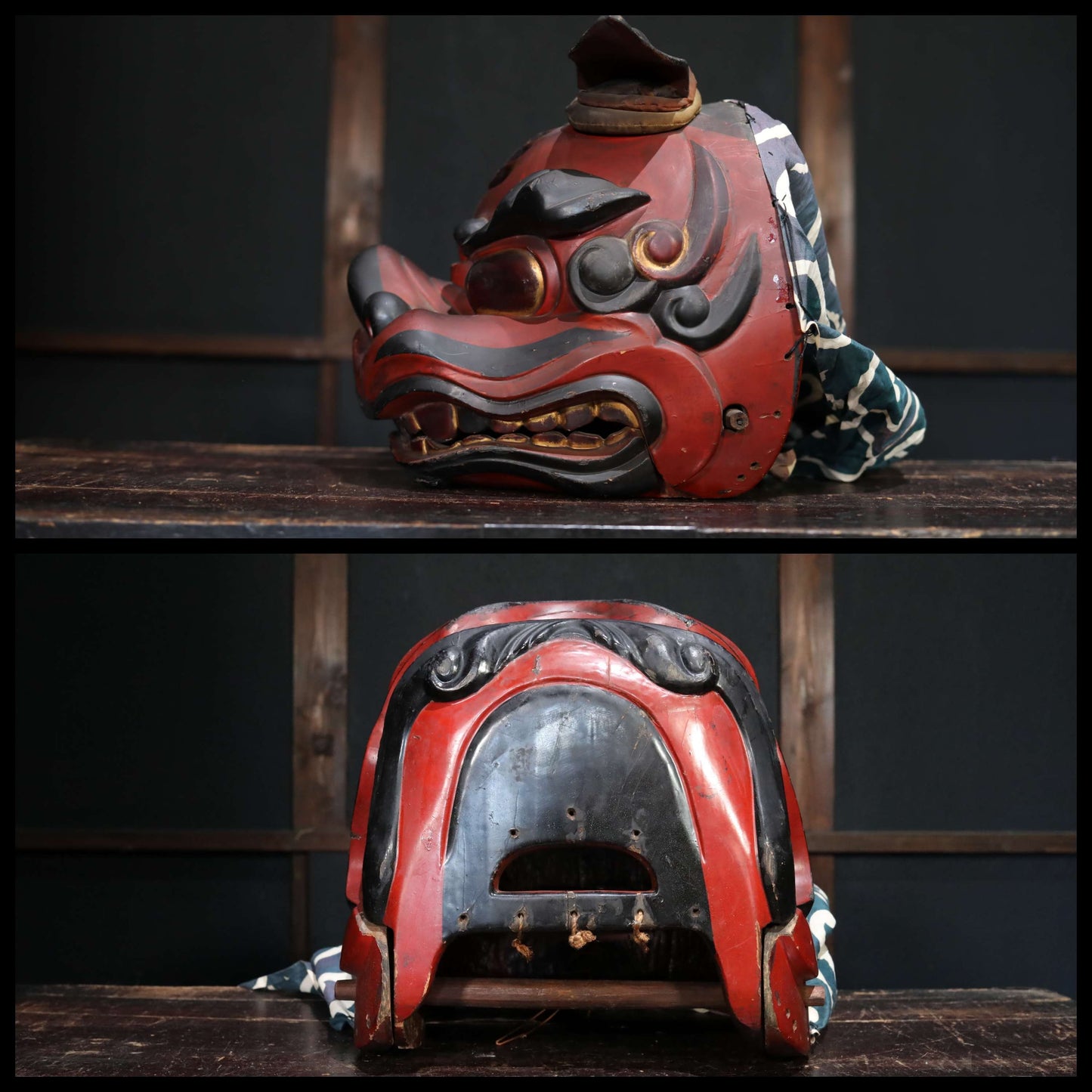 Japanese antique 1800s Shishi BIG wood mask with large cloth hand carving lacquer lion's head Festival sculptures H12.2×13.6in/H31×34.5cm