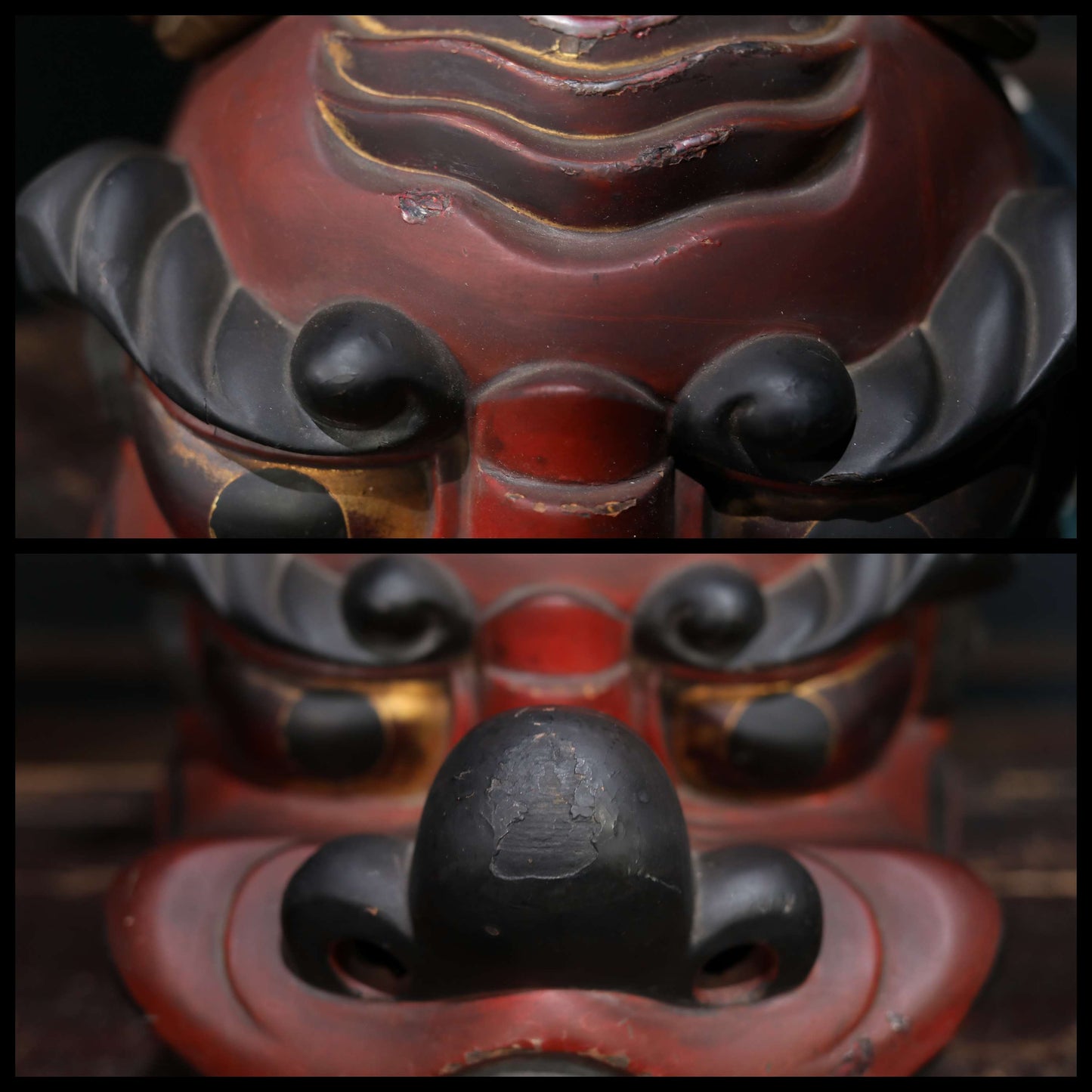 Japanese antique 1800s Shishi BIG wood mask with large cloth hand carving lacquer lion's head Festival sculptures H12.2×13.6in/H31×34.5cm