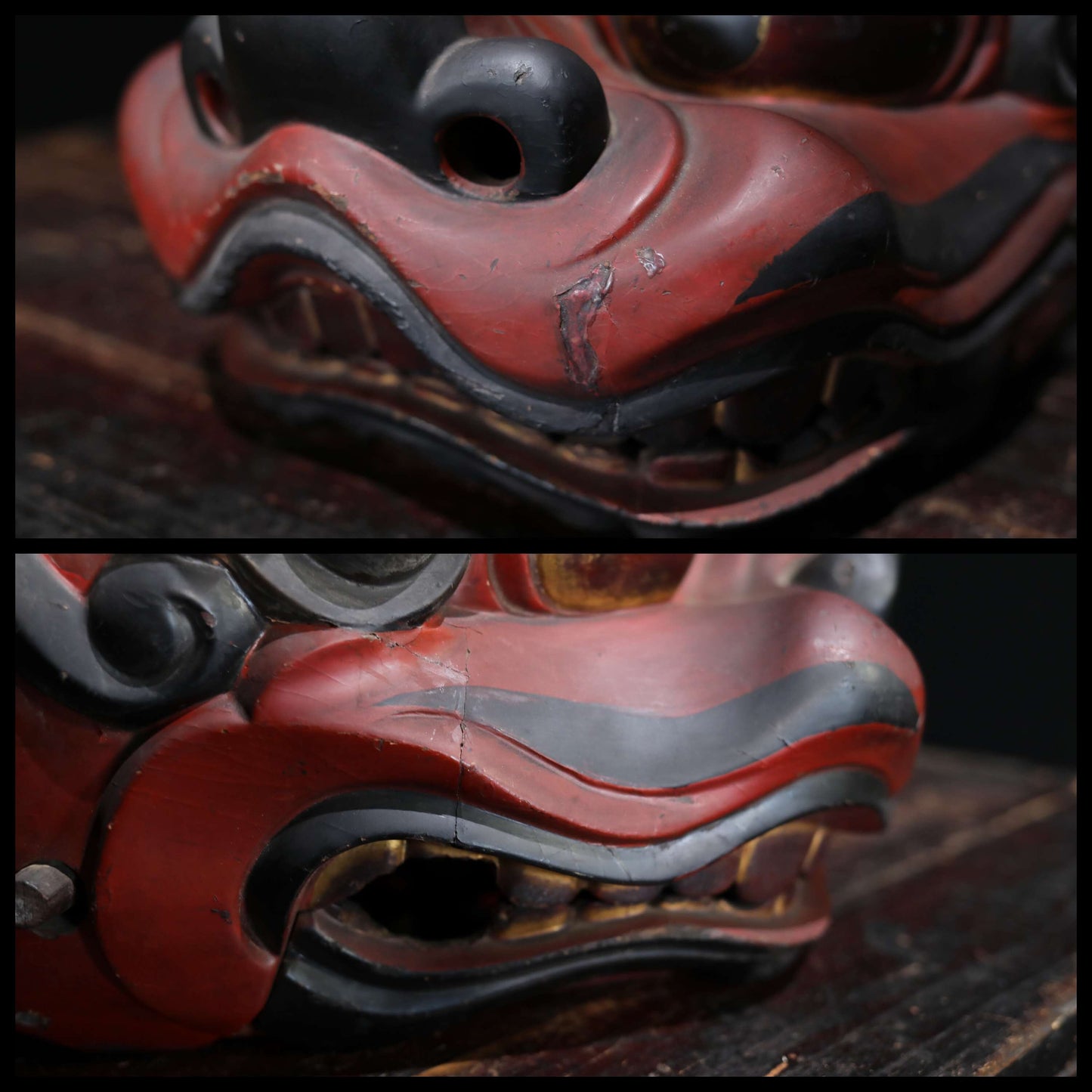 Japanese antique 1800s Shishi BIG wood mask with large cloth hand carving lacquer lion's head Festival sculptures H12.2×13.6in/H31×34.5cm