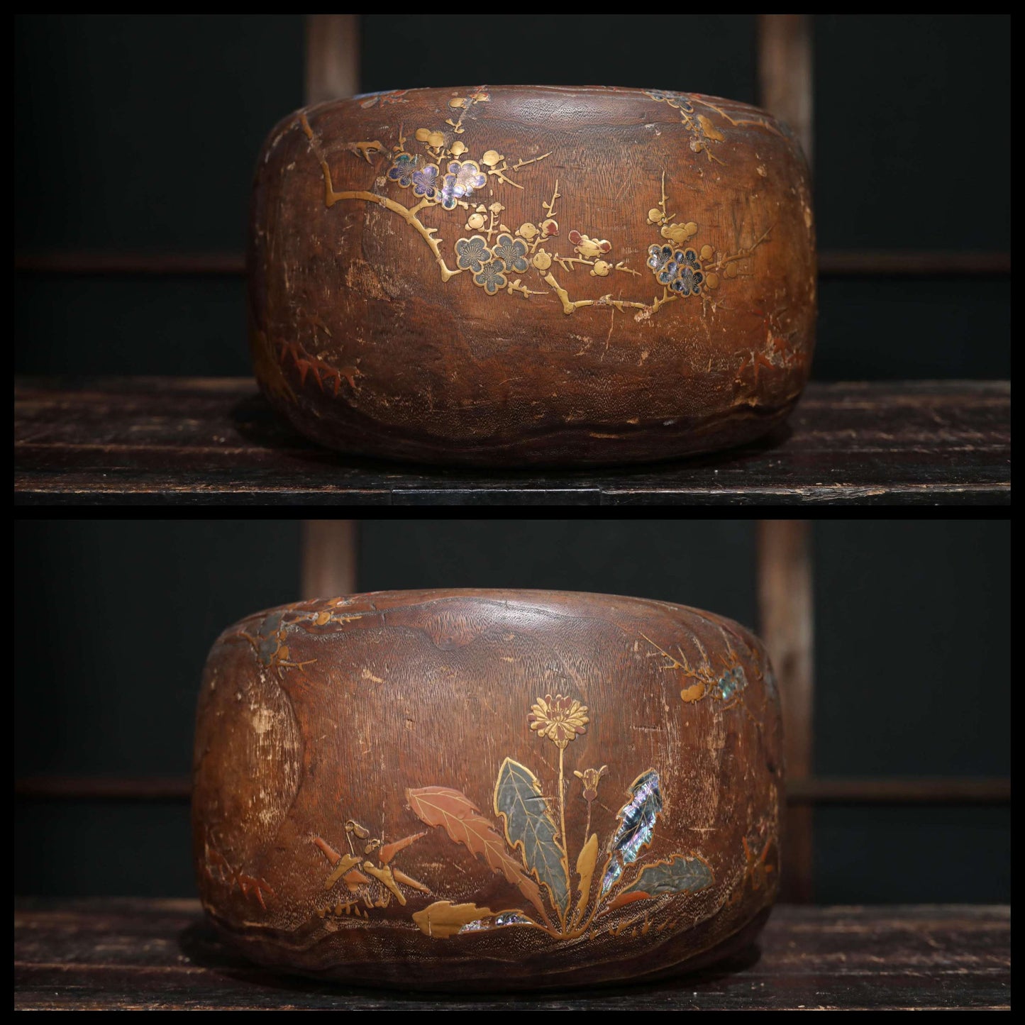 Japanese furniture 1880s Antique wood Hibachi brazier charcoal Fire Holder with Makie of quail birds and plum blossom design 15.4in/39cm
