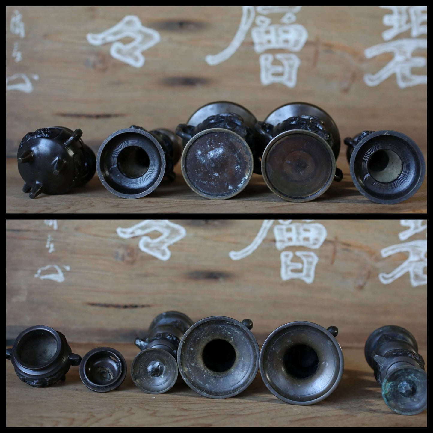 Japanese vintage bronze set of candlestick, censer, vase/ Bird shishi lion Buddhist temple altar metal craft H6.3in/H16cm