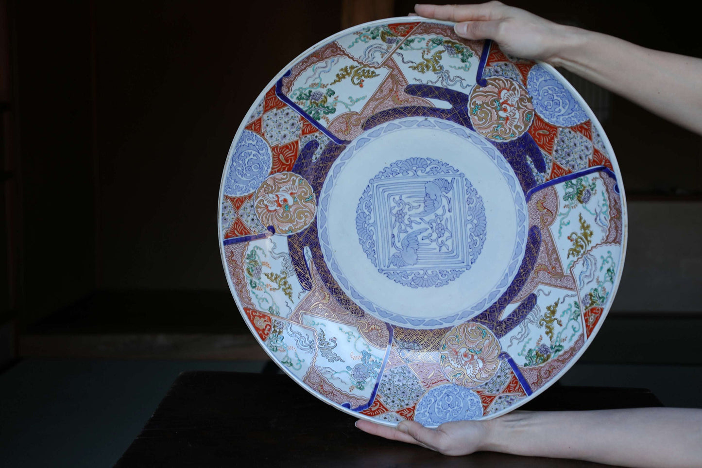 BIG!! Japanese antique 1800s plate porcelain old IMARI big decoration plate flower birds design beautiful hand painting 18in/45.7cm
