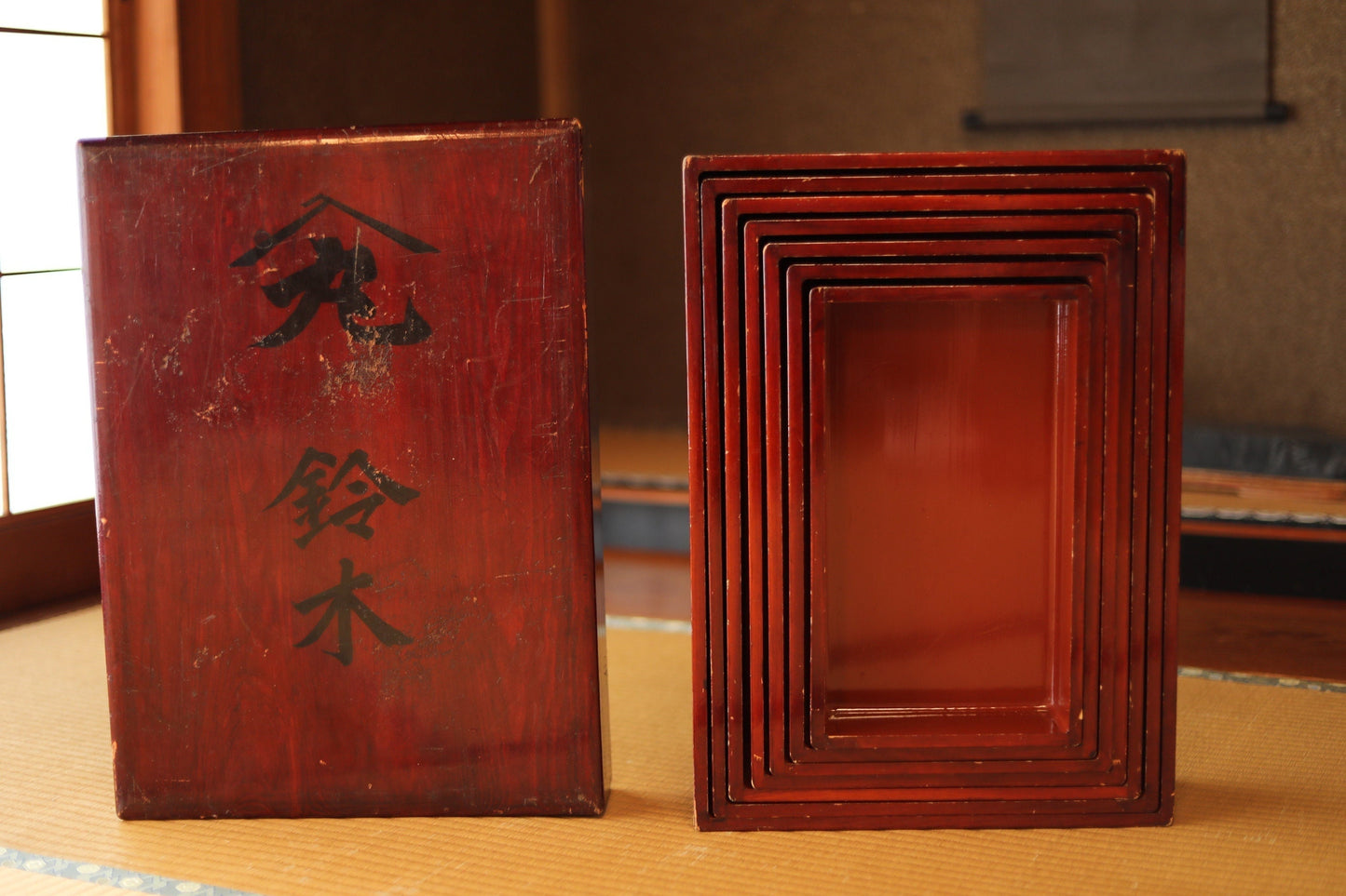 Japanese vintage stackable lacquered wood boxes with Kanji,"Kiridame" multi purpose 7 nesting boxes Furniture L H4.9xW19.1in S H2.6xW7.7in