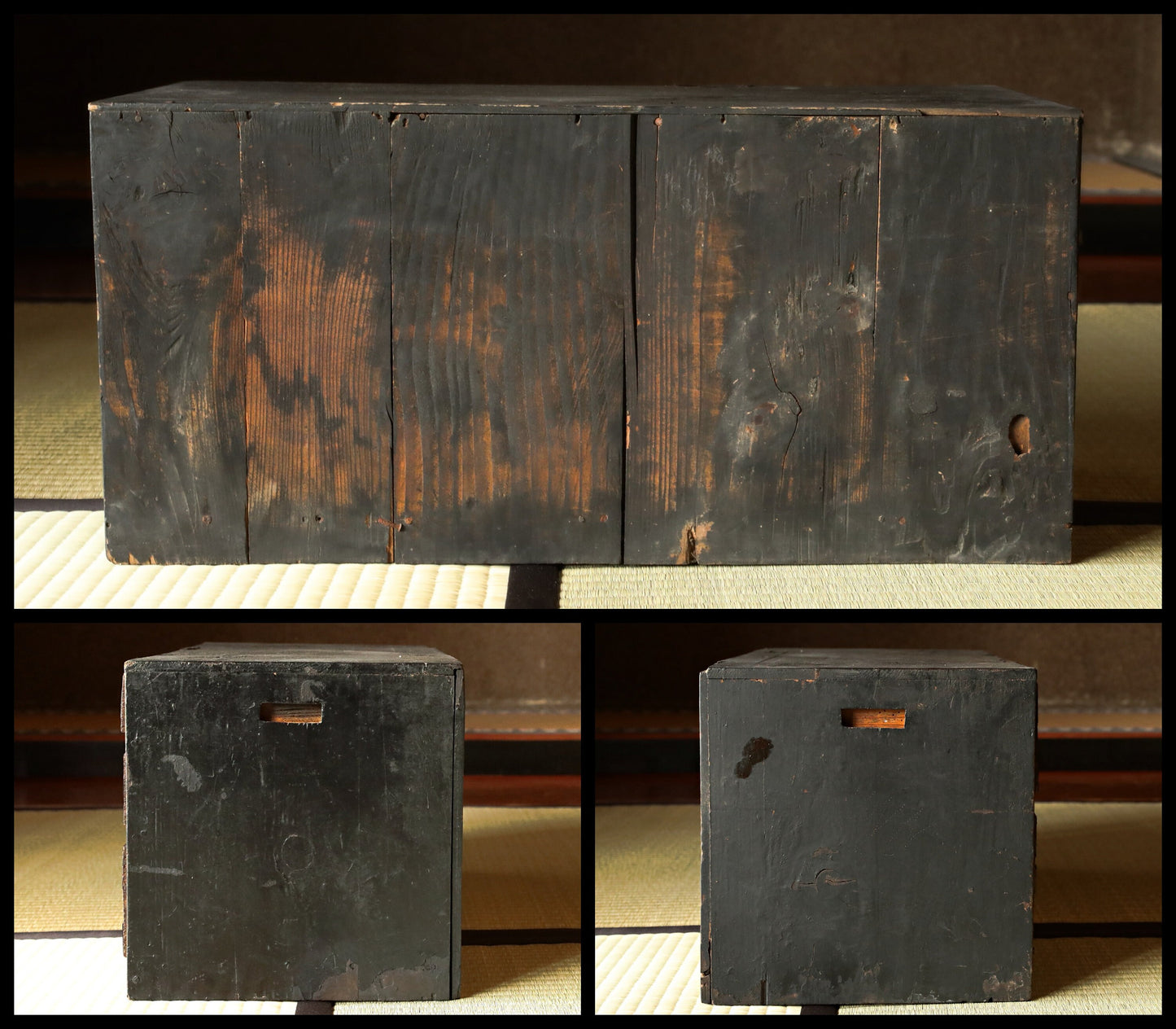FINE! Japanese antique furniture 1800s black wooden low Chest of Drawers "TANSU" cool metal clasp Edo craft H10.6in×W22.4in×27in×57cm