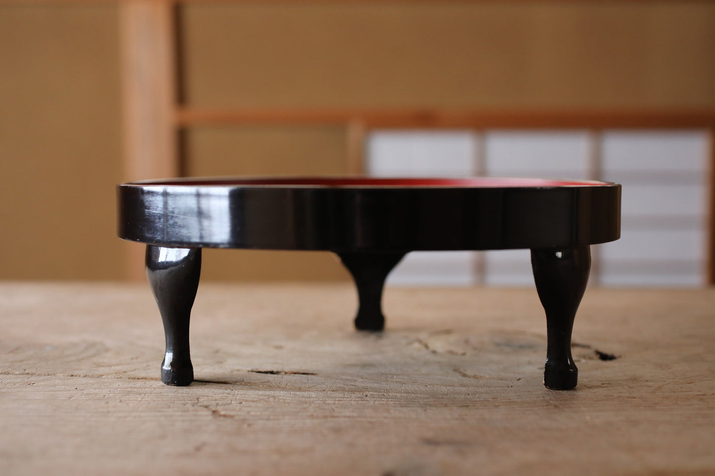 Japanese furniture URUSHI lacquer tray OBON, round shaped row table, red and black, wooden tableware Tea ceremony 3.9×10.8in/10×27.5cm