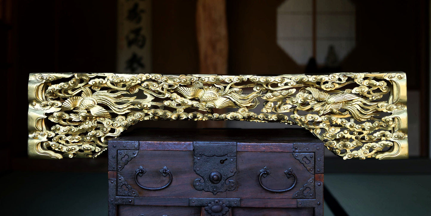 Japanese vintage art sculpture Handmade wood carving Gold Phoenixes and Clouds  From buddhist temple Architectural Parts W35.2in/89.5cm