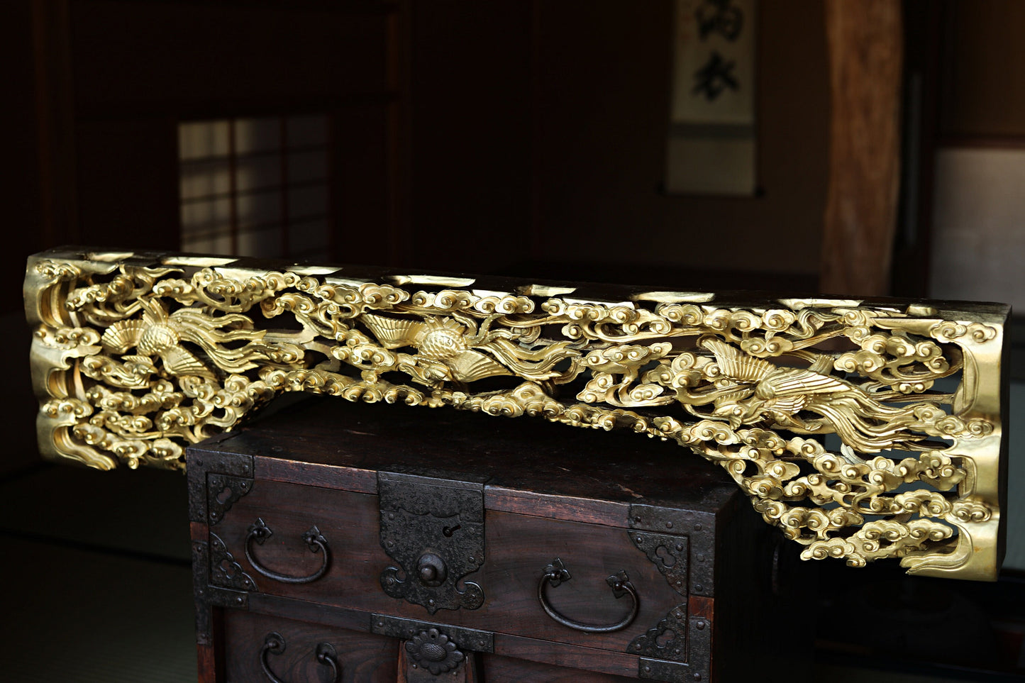 Japanese vintage art sculpture Handmade wood carving Gold Phoenixes and Clouds  From buddhist temple Architectural Parts W35.2in/89.5cm