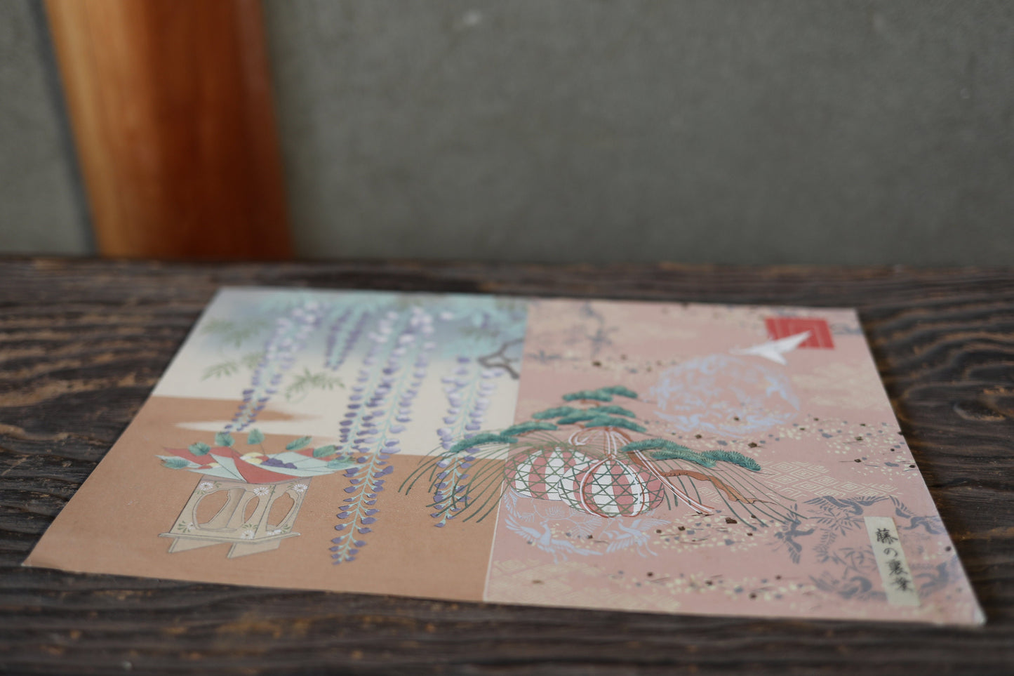 Japanese vintage fine hand paint and block printing art of Tale of Genji/ Wisteria flower with Kanji Kimono Design H8.1×W12.2in/H20.5×W31cm