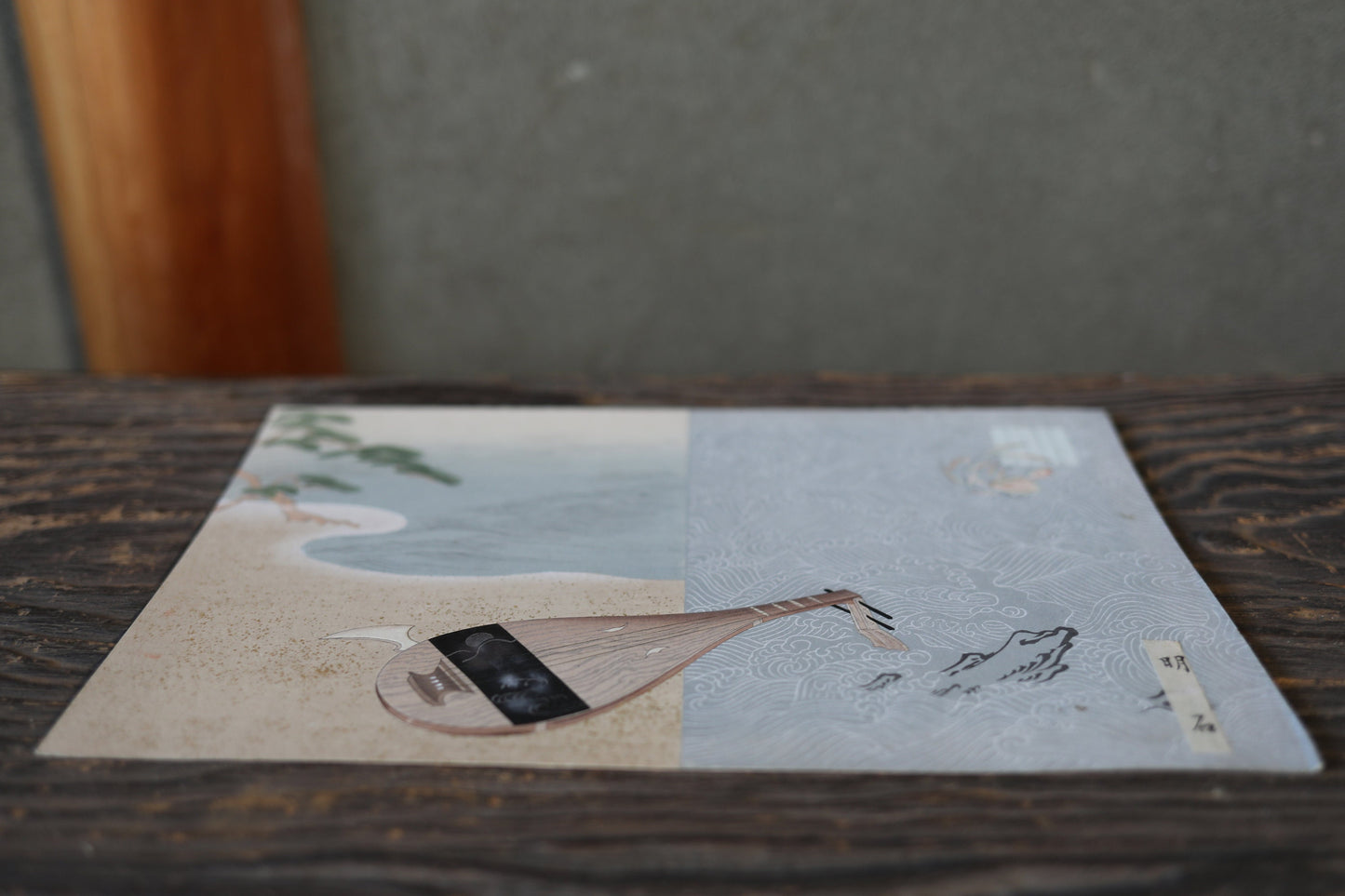Japanese vintage hand paint and block printing art of Tale of Genji/Akashi town with Kanji Japanese lute waves H8.1×W12.2in/H20.5×W31cm