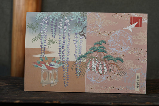 Japanese vintage fine hand paint and block printing art of Tale of Genji/ Wisteria flower with Kanji Kimono Design H8.1×W12.2in/H20.5×W31cm