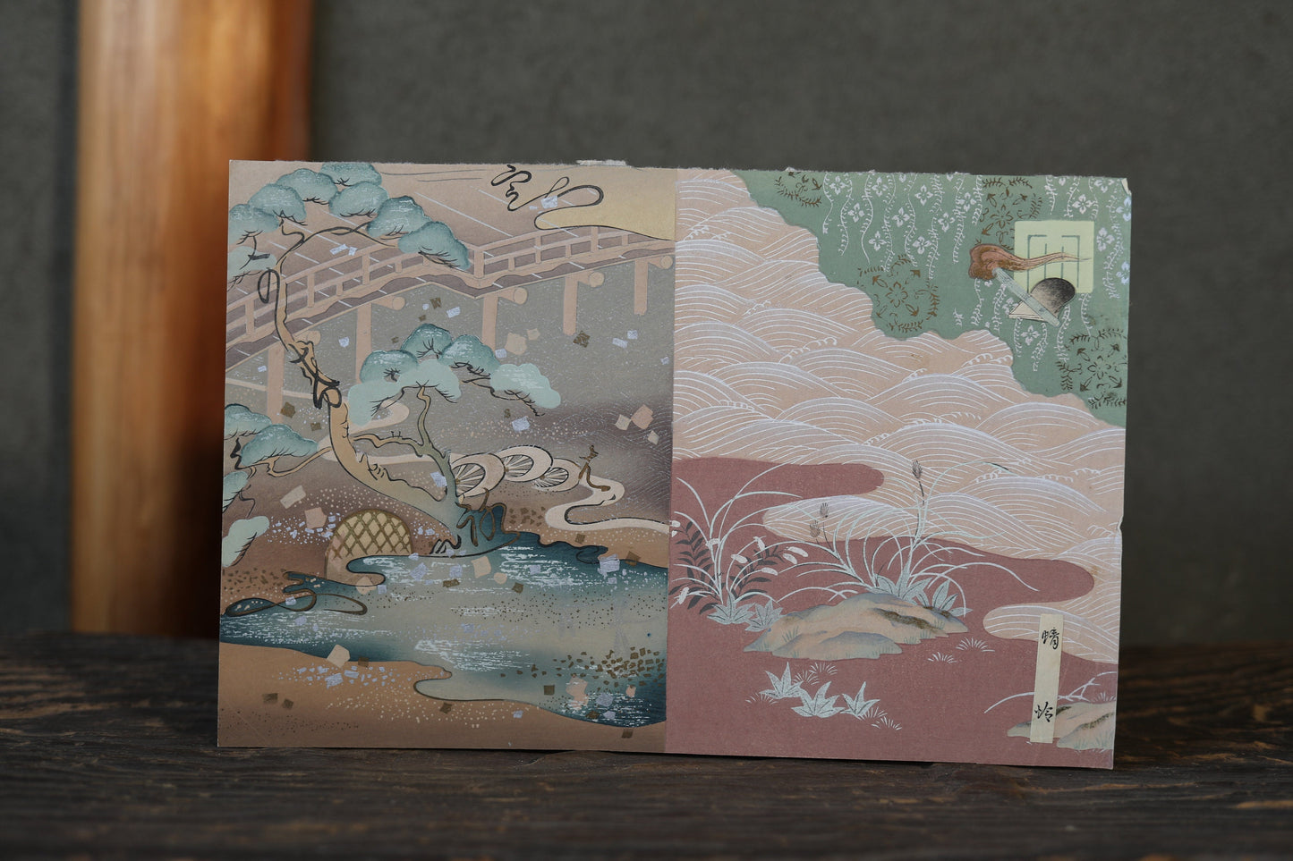 Japanese vintage hand paint and block printing art of Tale of Genji/Dragonfly with Kanji calligraphy garden H8.1×W12.2in/H20.5×W31cm