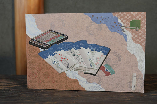 Japanese vintage hand paint and block printing art of Tale of Genji/Buddha Dharma with Kanji Sutra Flower H8.1×W12.2in/H20.5×W31cm