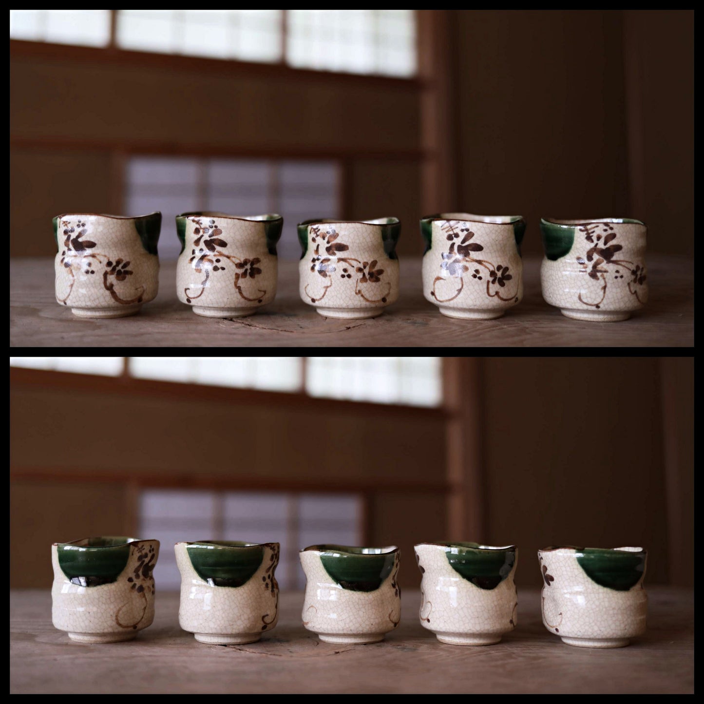 Japanese vintage Oribe ware ceramic tea set, pot, 5cups and waste-water-container, with Kanji signature SENCHA tableware Tea ceremony