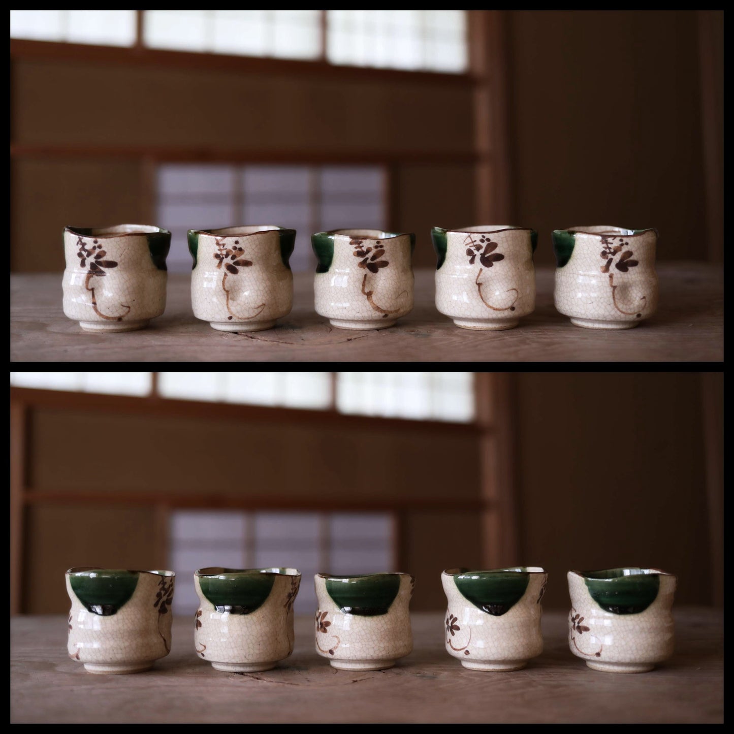Japanese vintage Oribe ware ceramic tea set, pot, 5cups and waste-water-container, with Kanji signature SENCHA tableware Tea ceremony