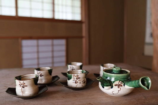 Japanese vintage Oribe ware ceramic tea set, pot, 5cups and waste-water-container, with Kanji signature SENCHA tableware Tea ceremony