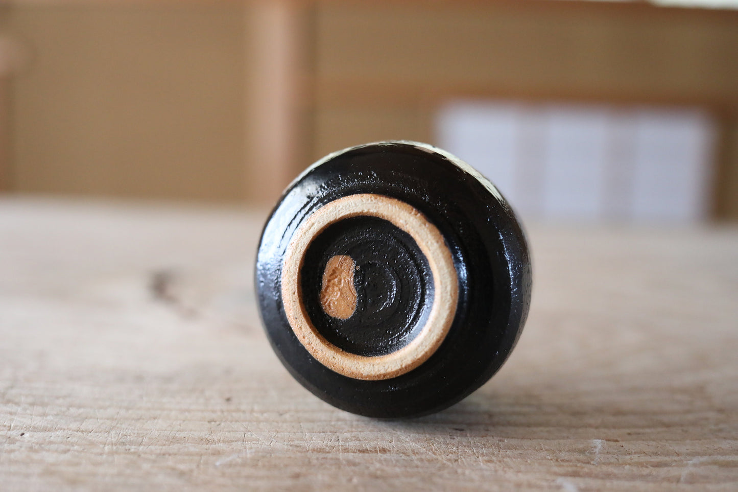 Japanese vintage kiln art sake cup Oribe black with sign 陶象 "sakazuki" "guinomi" with wooden box Calligraphy For GIFT 1.9in×2.4in/4.8×6.1cm