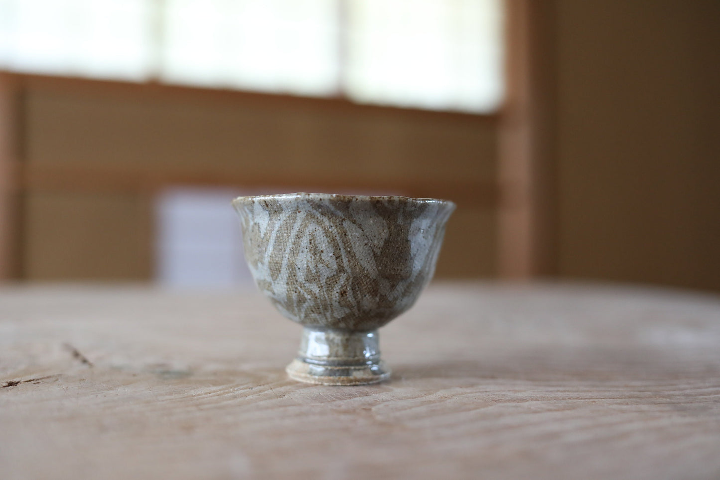 Japanese vintage small sake cup Marble soil color by 西部功 "sakazuki" "guinomi" with a wooden box Kanji sign For GIFT H2.2×2.8in/H5.5×7.2cm
