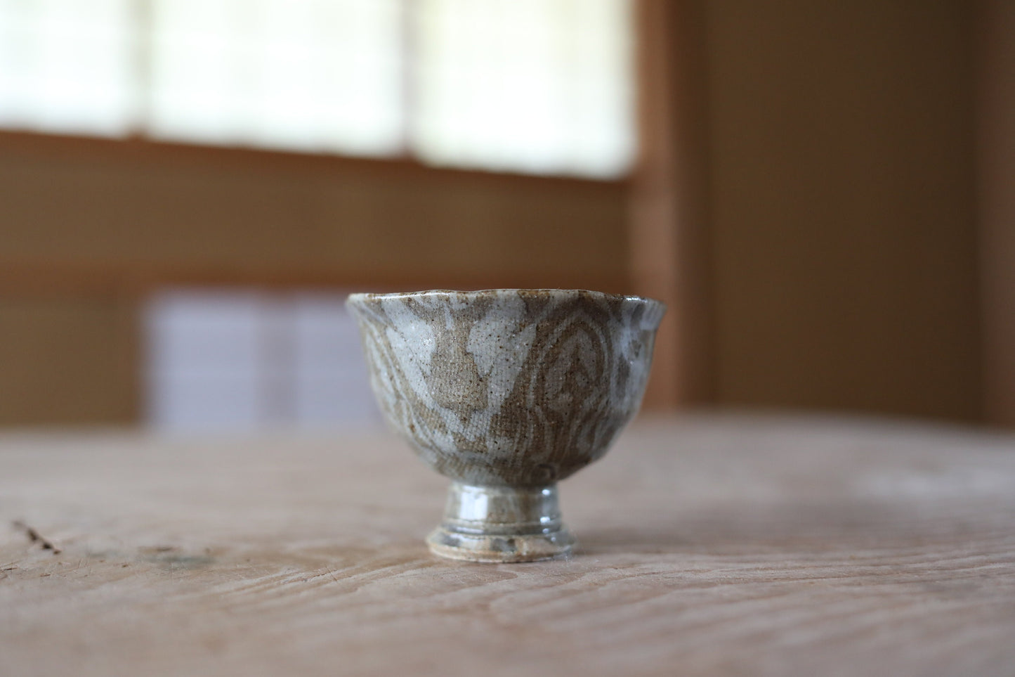 Japanese vintage small sake cup Marble soil color by 西部功 "sakazuki" "guinomi" with a wooden box Kanji sign For GIFT H2.2×2.8in/H5.5×7.2cm