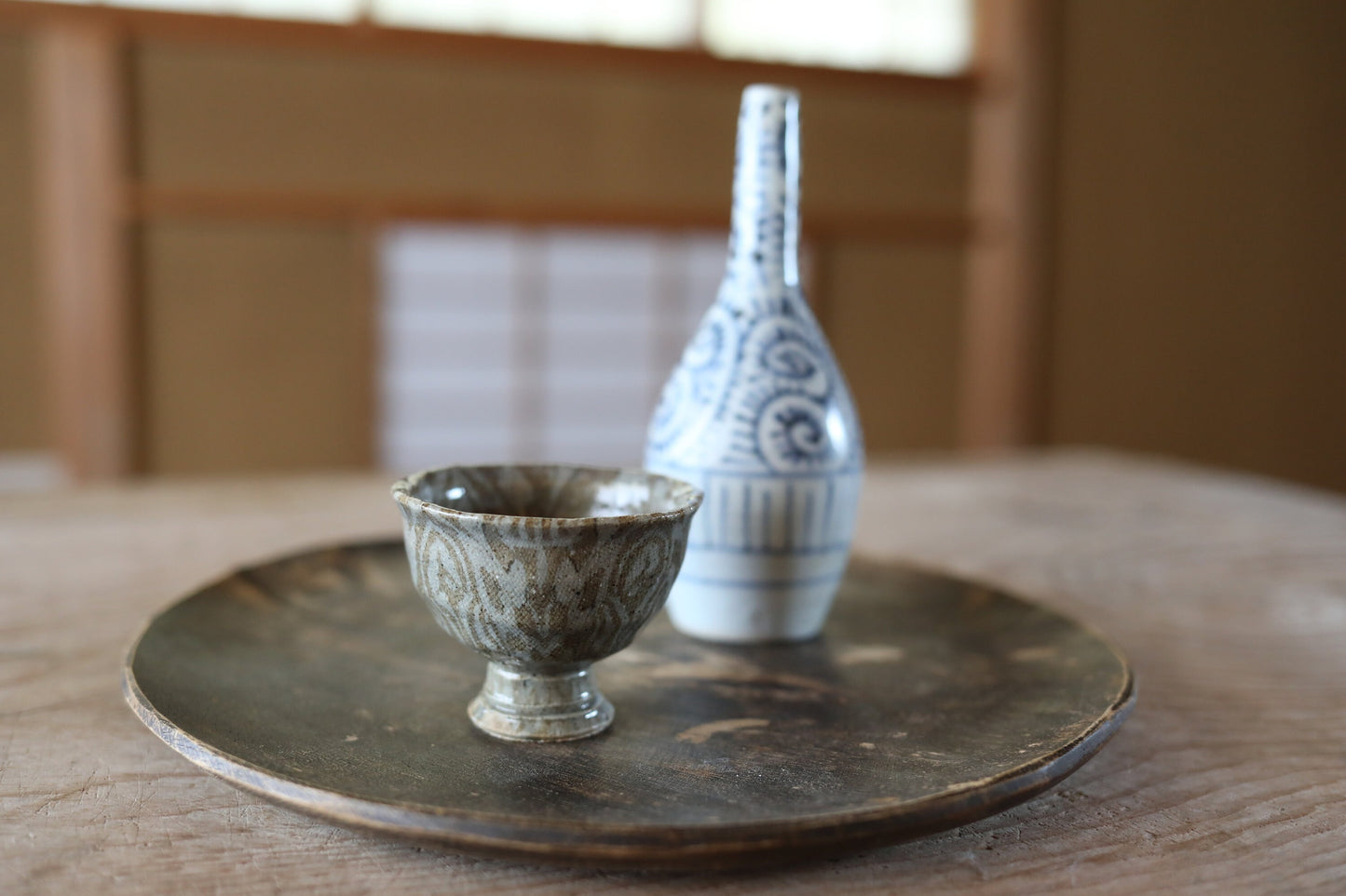 Japanese vintage small sake cup Marble soil color by 西部功 "sakazuki" "guinomi" with a wooden box Kanji sign For GIFT H2.2×2.8in/H5.5×7.2cm