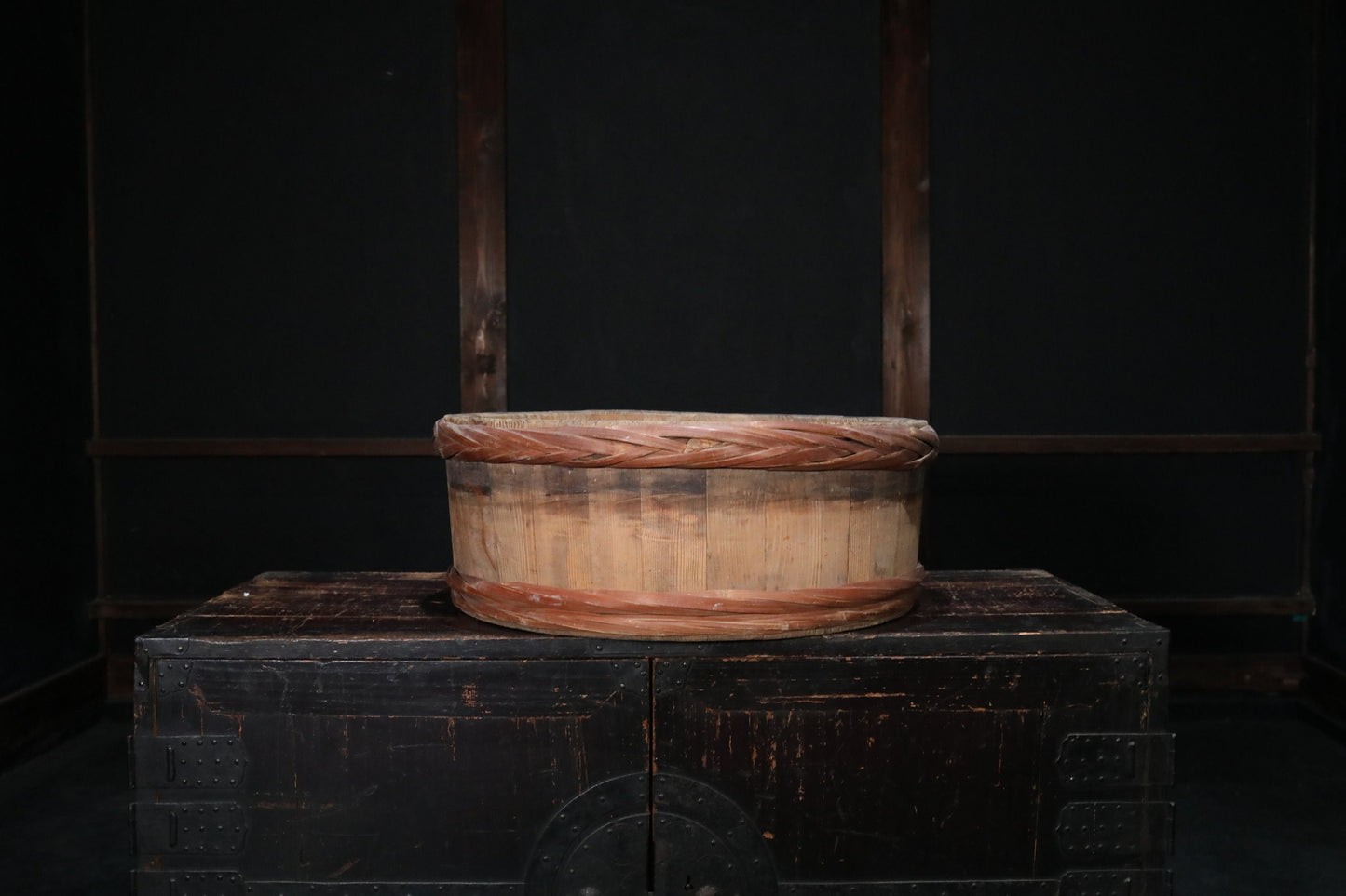 Japanese antique 1950s wooden tub large storage "OKE/bucket" with bamboo belt, MINGEI, farm appliance, H7.9×20.9in/H20×53cm