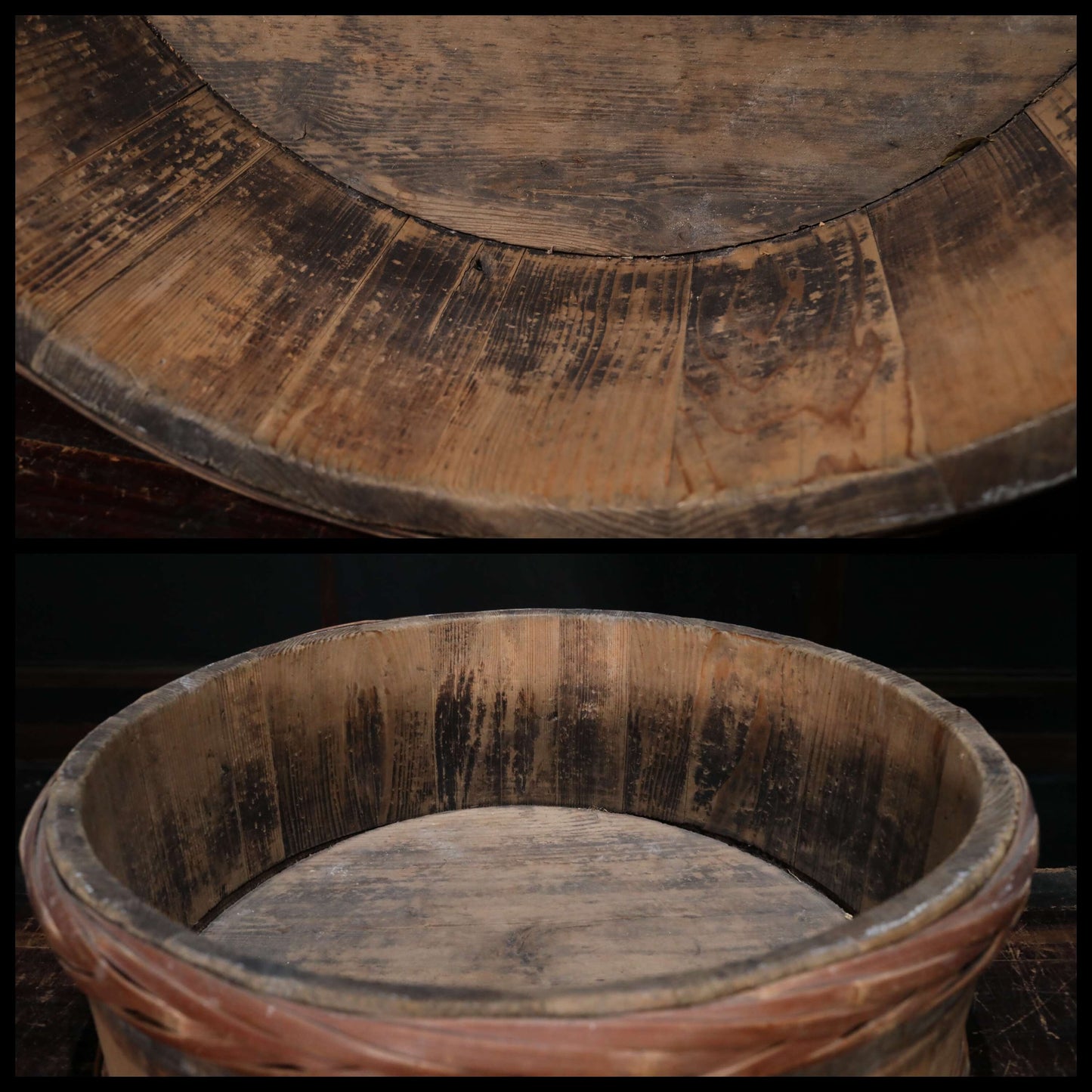 Japanese antique 1950s wooden tub large storage "OKE/bucket" with bamboo belt, MINGEI, farm appliance, H7.9×20.9in/H20×53cm