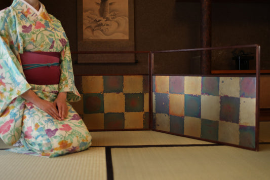 Japanese Furniture vintage byobu 結界Boundary partition for tea ceremony / folding screen Furo-saki check pattern H21.5×W28.7in/H54.5×W73cm