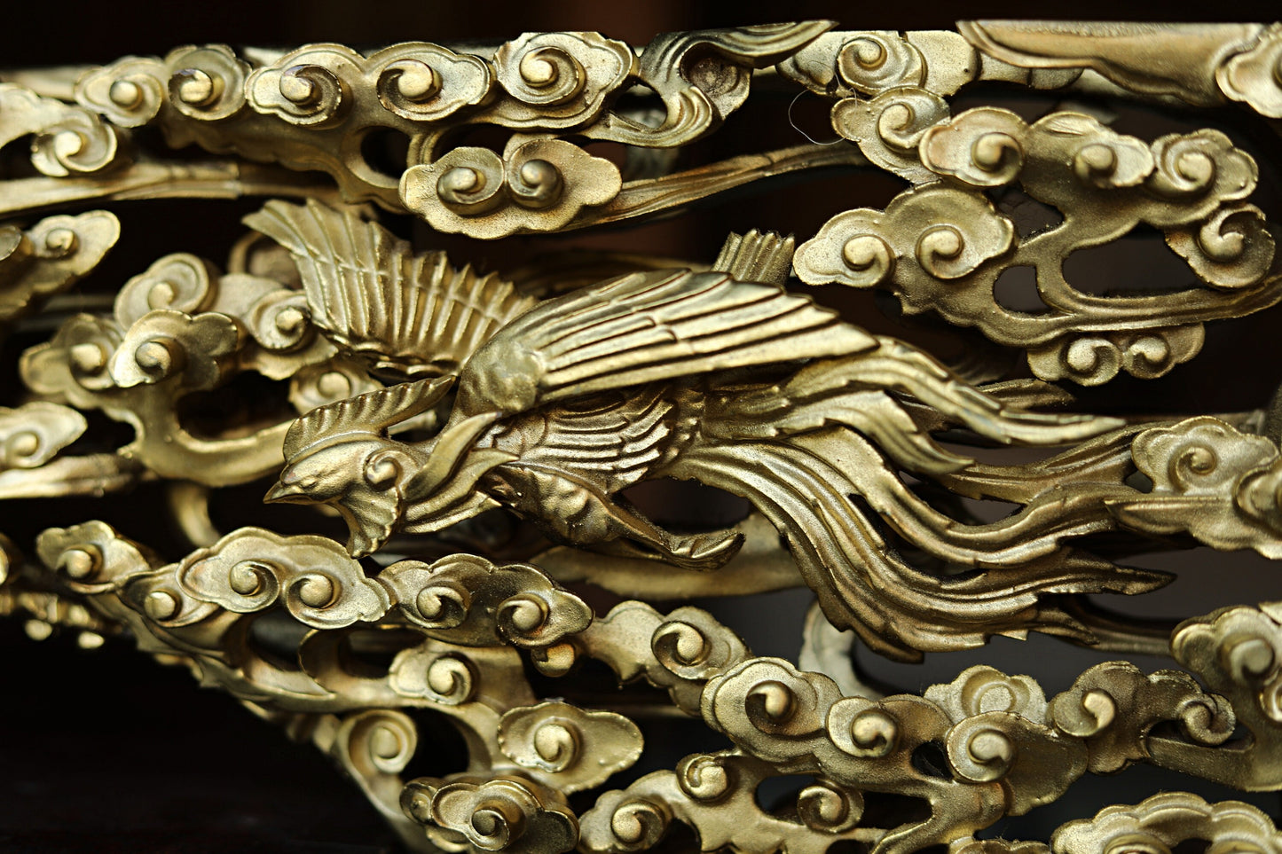 Japanese vintage art sculpture Handmade wood carving Gold Phoenixes and Clouds  From buddhist temple Architectural Parts W35.2in/89.5cm