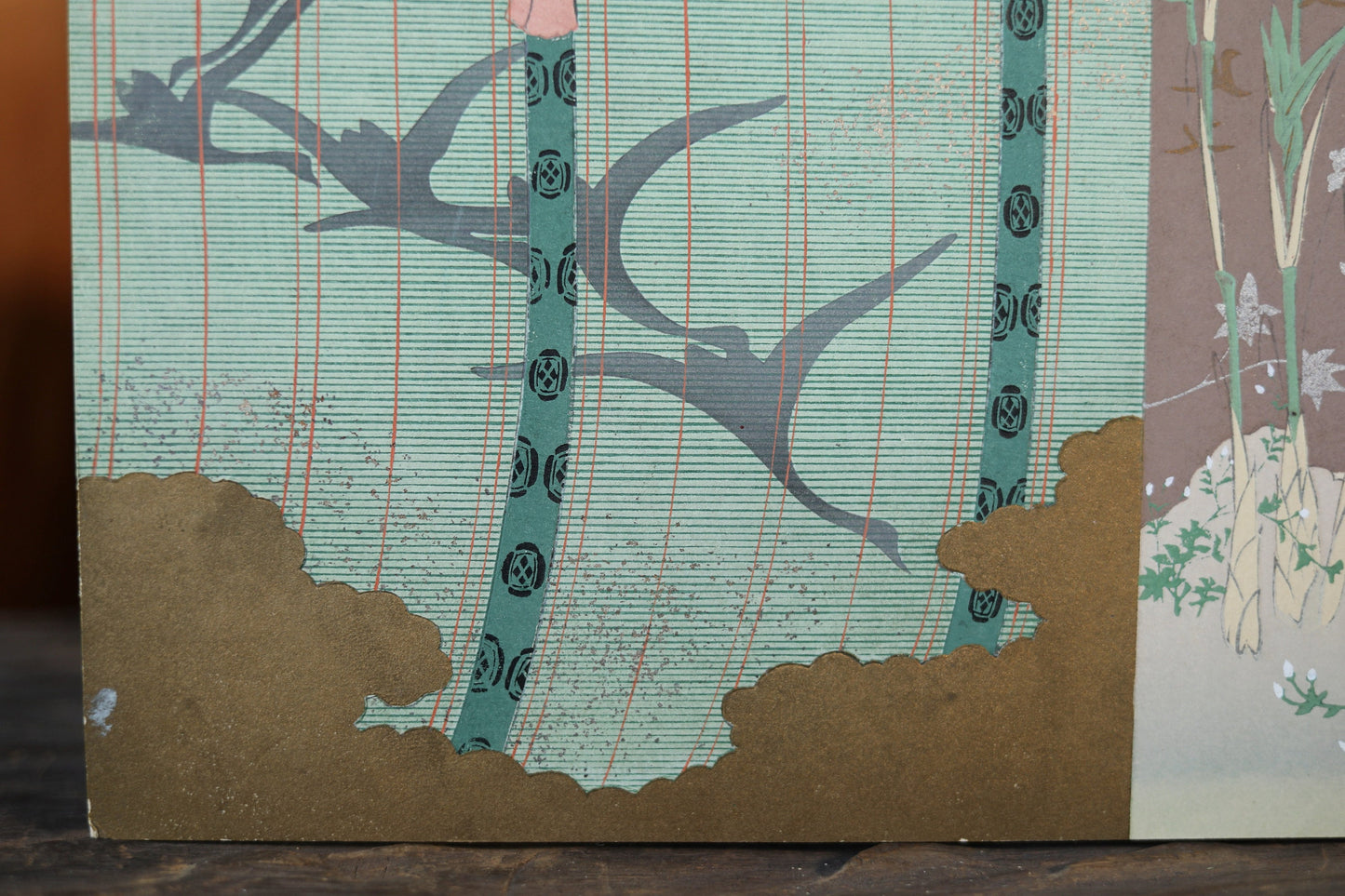 Japanese vintage hand paint and block printing art of Tale of Genji/ transverse flute with Kanji Kimono Design H8.1×W12.2in/H20.5×W31cm