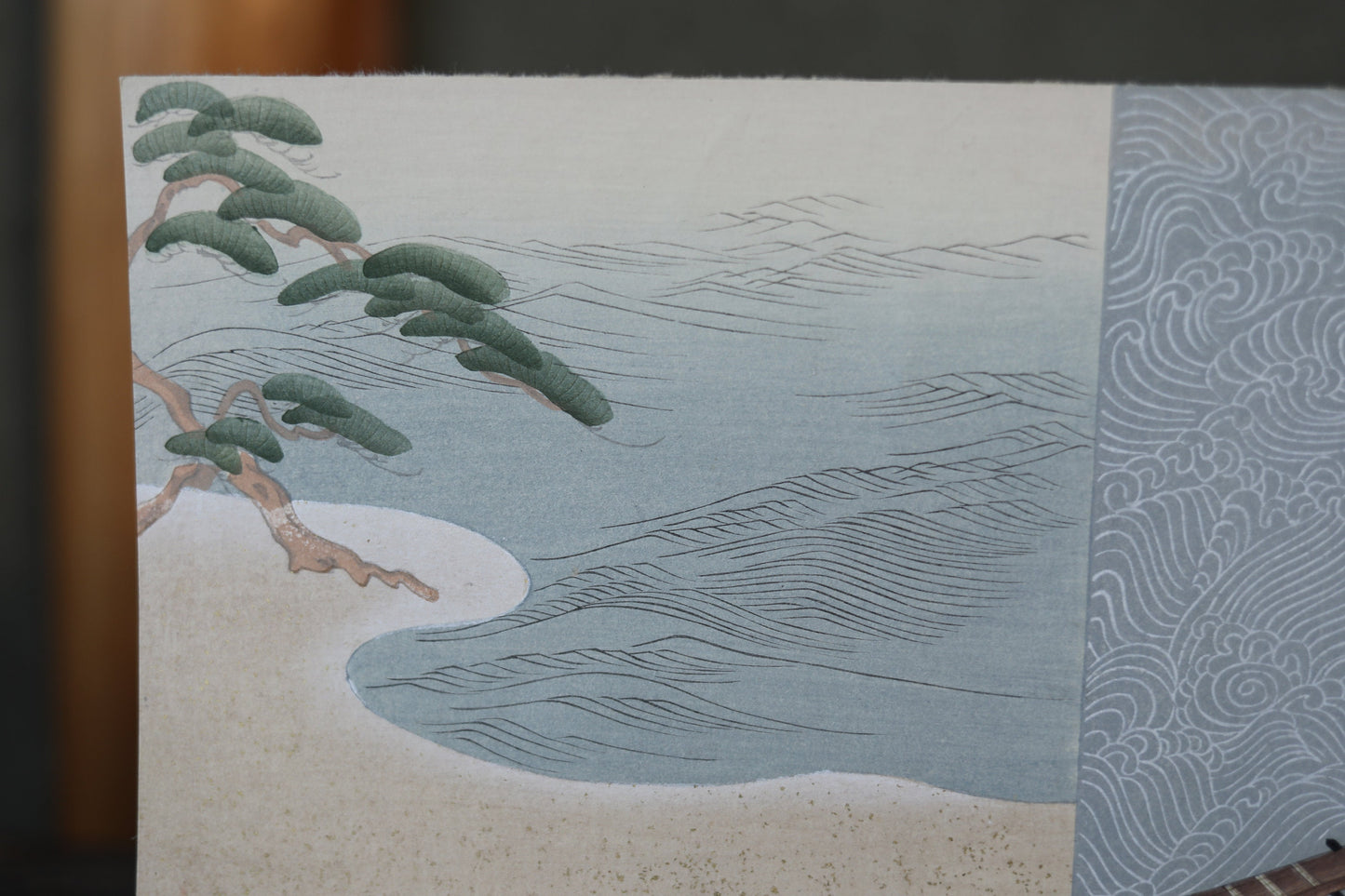 Japanese vintage hand paint and block printing art of Tale of Genji/Akashi town with Kanji Japanese lute waves H8.1×W12.2in/H20.5×W31cm