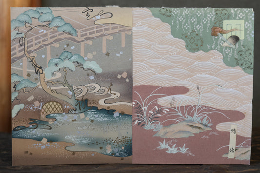 Japanese vintage hand paint and block printing art of Tale of Genji/Dragonfly with Kanji calligraphy garden H8.1×W12.2in/H20.5×W31cm