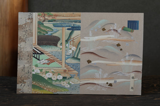 Japanese vintage hand paint and block printing art of Tale of Genji/Drifting boat with Kanji Snow and Boats H8.1×W12.2in/H20.5×W31cm