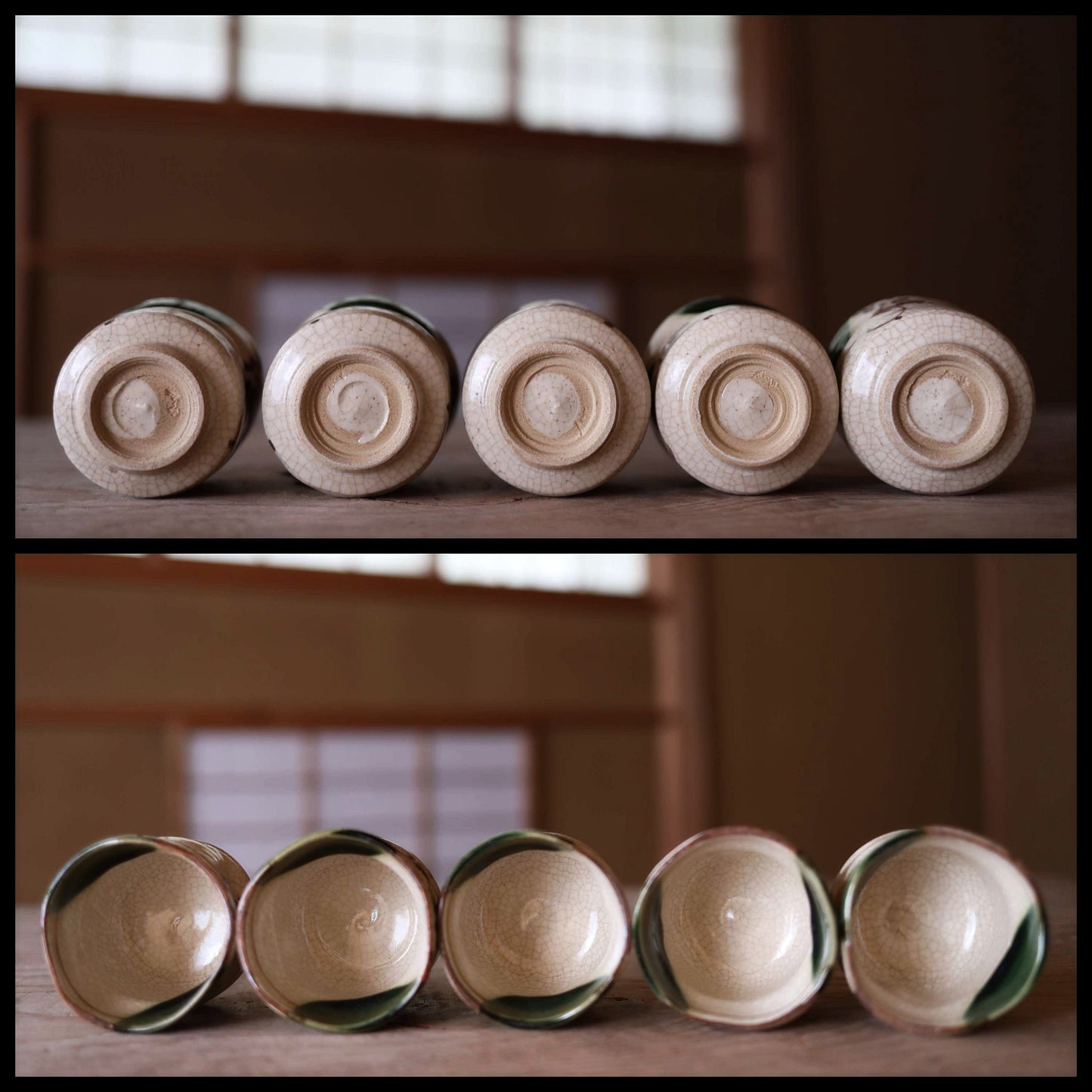 Japanese vintage Oribe ware ceramic tea set, pot, 5cups and waste-water-container, with Kanji signature SENCHA tableware Tea ceremony