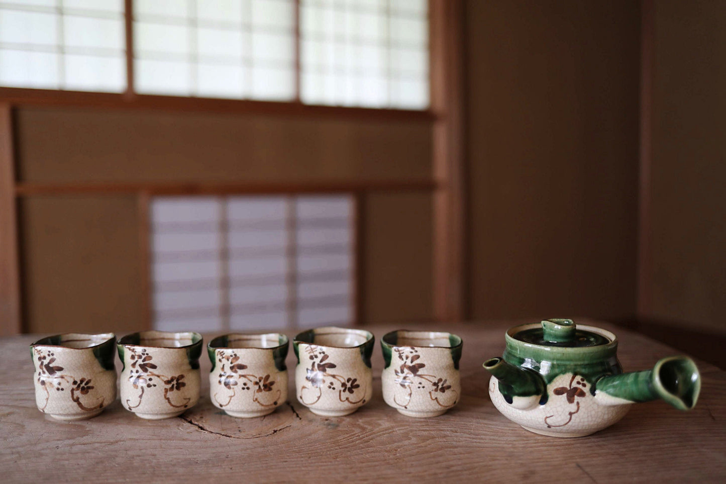 Japanese vintage Oribe ware ceramic tea set, pot, 5cups and waste-water-container, with Kanji signature SENCHA tableware Tea ceremony