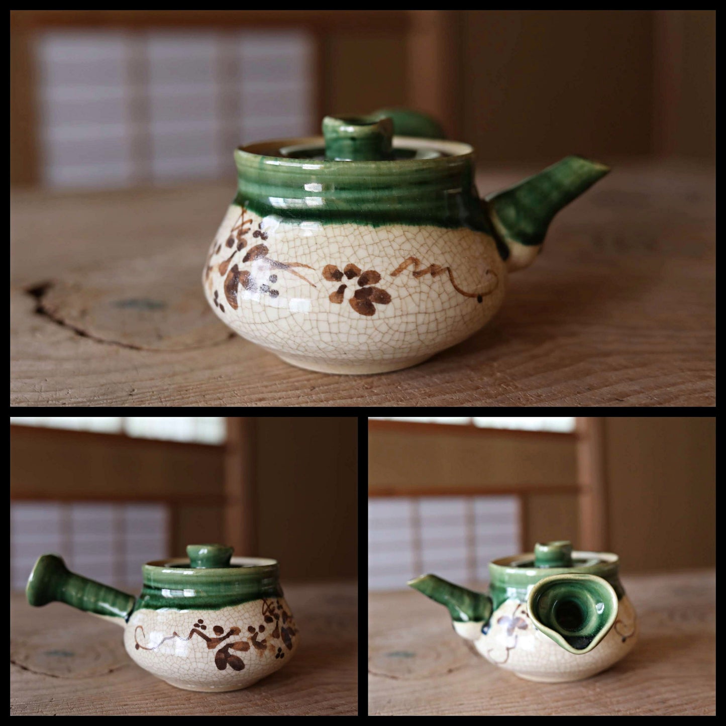 Japanese vintage Oribe ware ceramic tea set, pot, 5cups and waste-water-container, with Kanji signature SENCHA tableware Tea ceremony