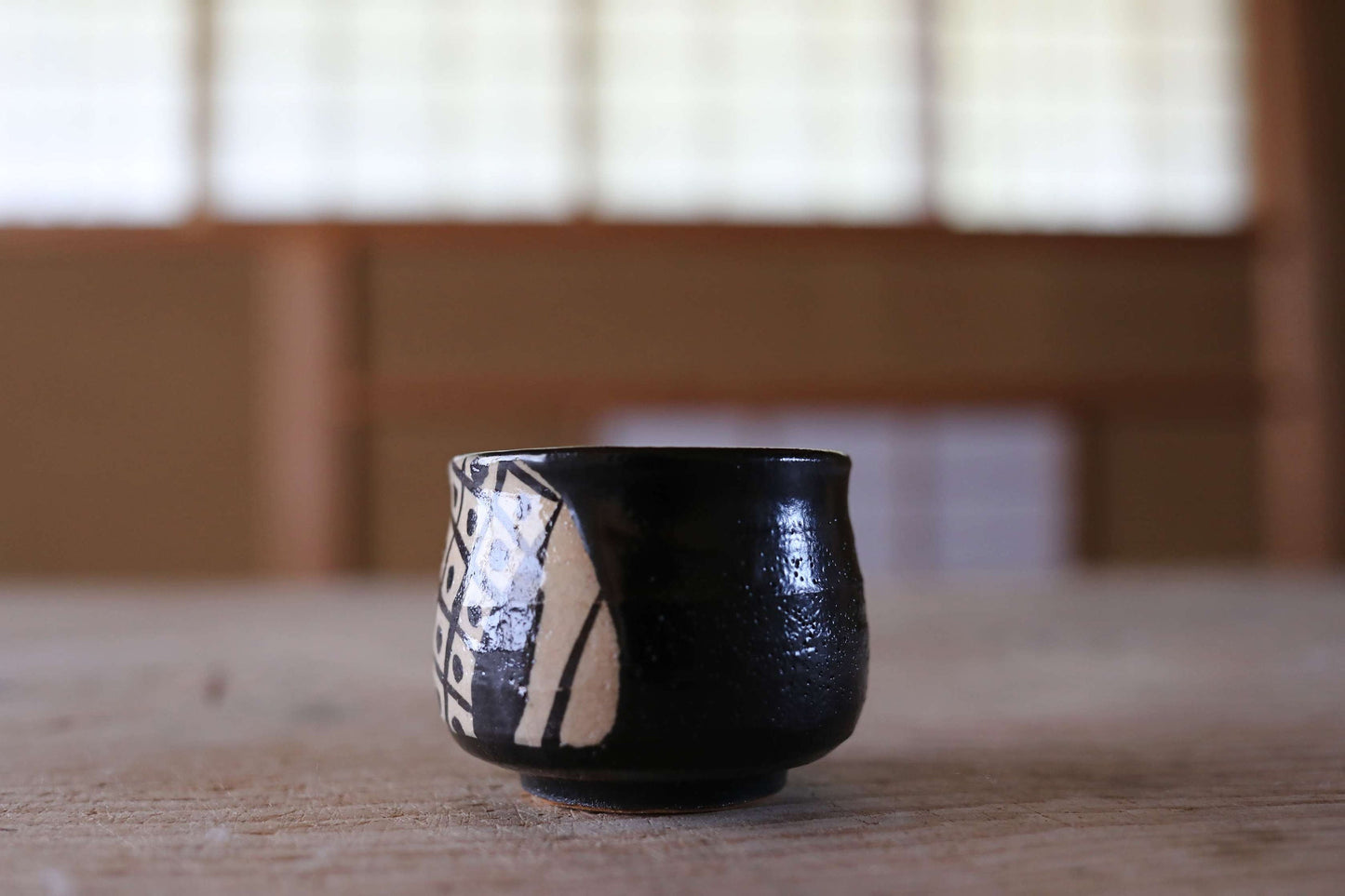 Japanese vintage kiln art sake cup Oribe black with sign 陶象 "sakazuki" "guinomi" with wooden box Calligraphy For GIFT 1.9in×2.4in/4.8×6.1cm