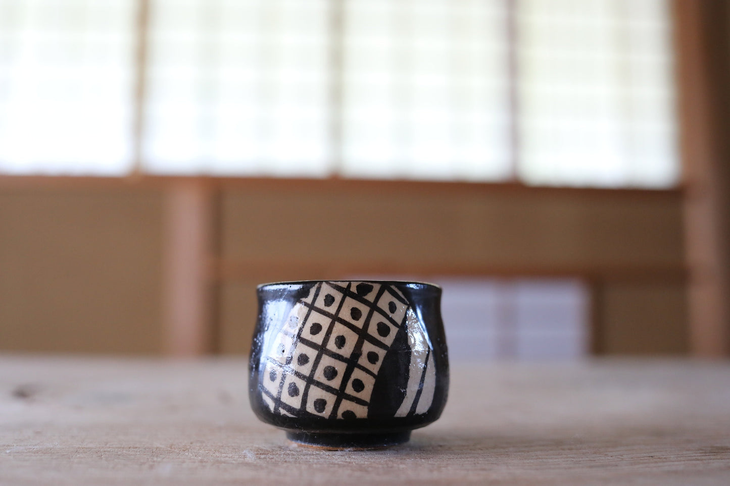 Japanese vintage kiln art sake cup Oribe black with sign 陶象 "sakazuki" "guinomi" with wooden box Calligraphy For GIFT 1.9in×2.4in/4.8×6.1cm