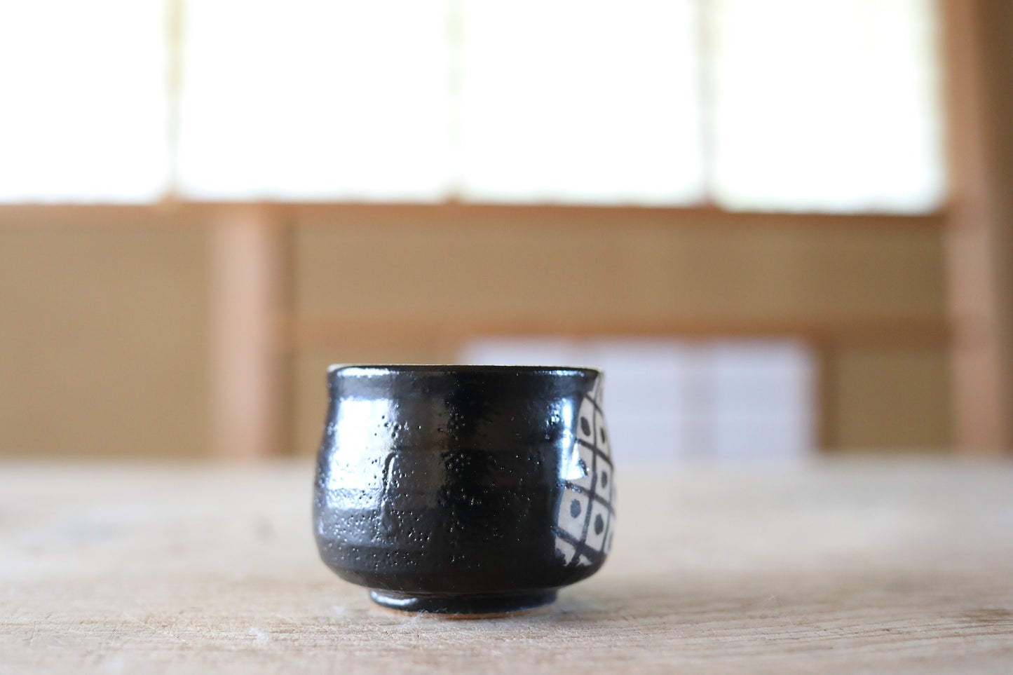 Japanese vintage kiln art sake cup Oribe black with sign 陶象 "sakazuki" "guinomi" with wooden box Calligraphy For GIFT 1.9in×2.4in/4.8×6.1cm
