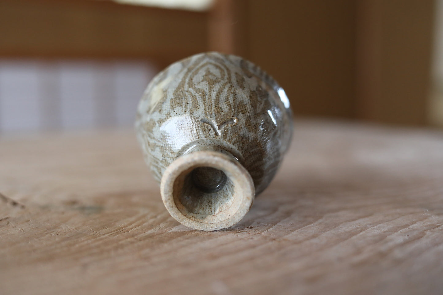 Japanese vintage small sake cup Marble soil color by 西部功 "sakazuki" "guinomi" with a wooden box Kanji sign For GIFT H2.2×2.8in/H5.5×7.2cm