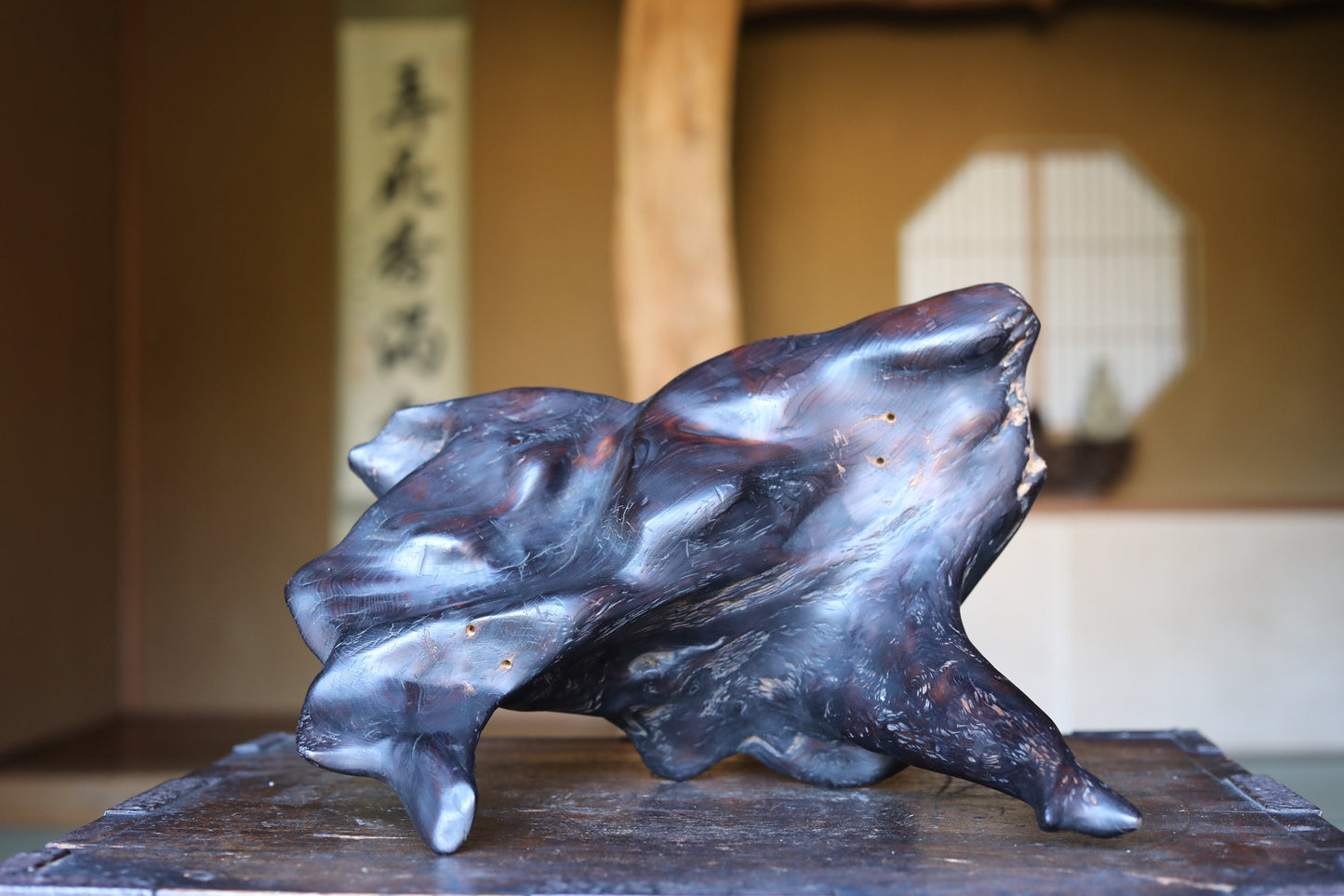Japanese antique pair of long tail birds made of bronze and wood burl stand, "BONKEI", with signature,  1900s H10.4in×W13.8in×D7.9in