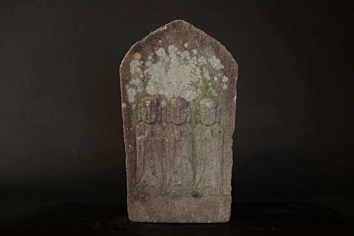 Japanese antique 1700s stone sculpture of 3 Jizo, Ksitigarbha-bodhisattva from buddhist garden furniture, religious statue  H17.1in/H43.5cm