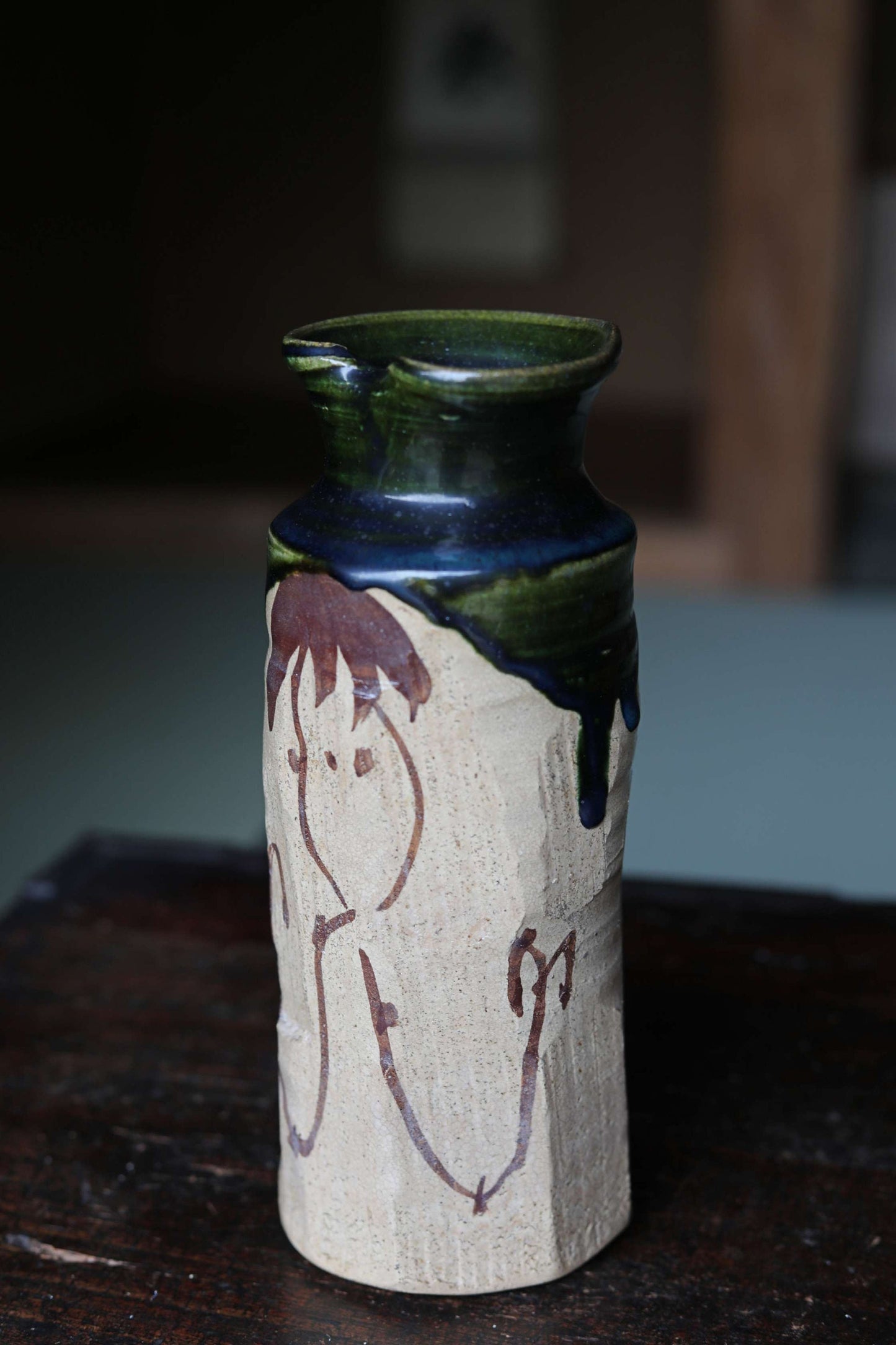 Japanese vintage ceramic flower vase jar hand made ORIBE ware dark green color IKEBANA with box For GIFT H9.3×3.5in/H23.5×9cm