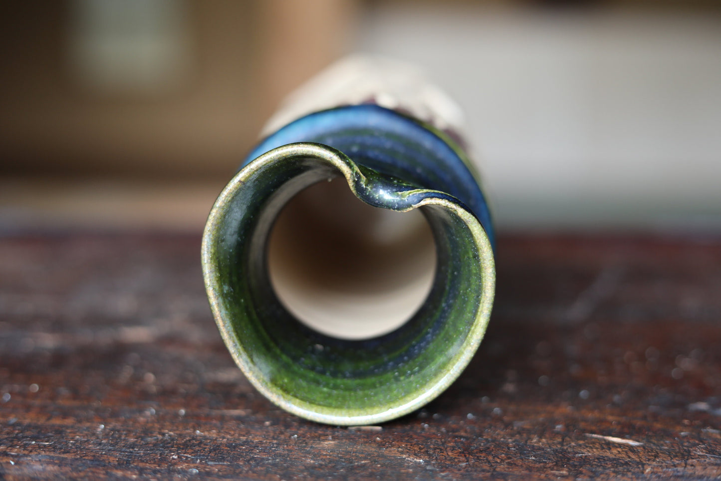 Japanese vintage ceramic flower vase jar hand made ORIBE ware dark green color IKEBANA with box For GIFT H9.3×3.5in/H23.5×9cm